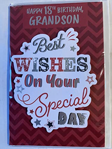 Happy 18th Birthday Grandson Best Wishes On Your Special Day Birthday Card Age 18 18th Eighteen Eighteenth Red-Blue/Red/Silver Words/Stars 3D/Foil Detail(PRELUDE46724)