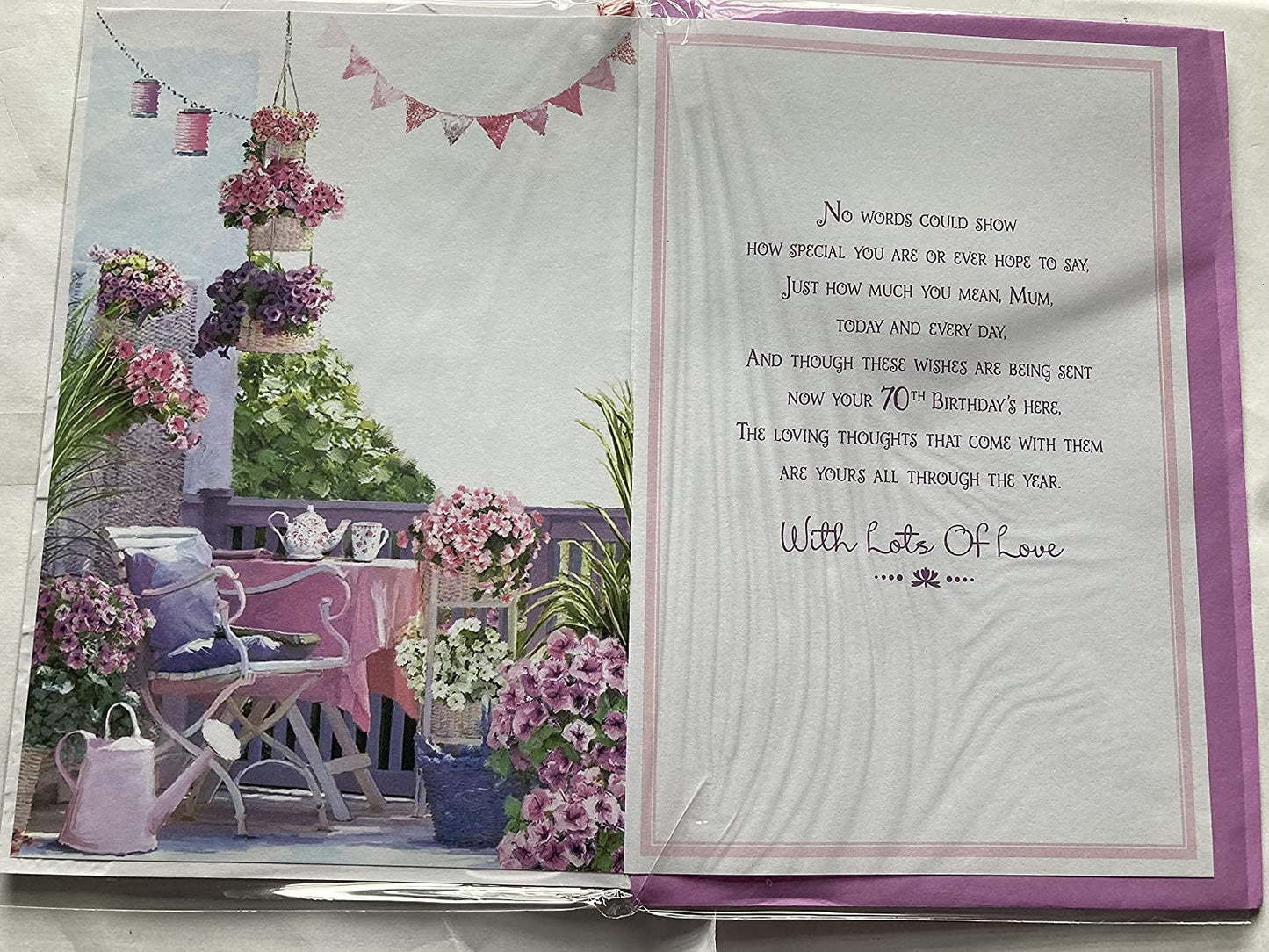 Especially For A Wonderful Mum On Your 70th Birthday Card 70 Seventy Seventieth White/Purple/Pink Flower Garden/Words Ribbon/Foil Detail
