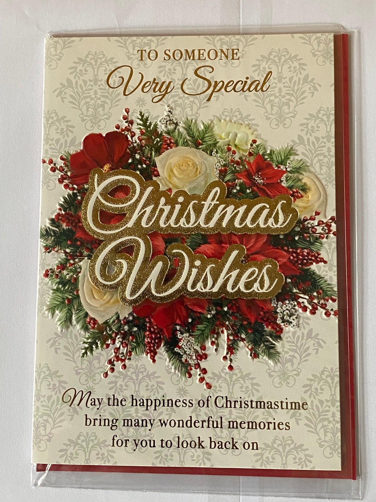 To Someone Very Special Christmas Wishes Christmas Card Red/White Flowers/Gold Words(PH49196B)