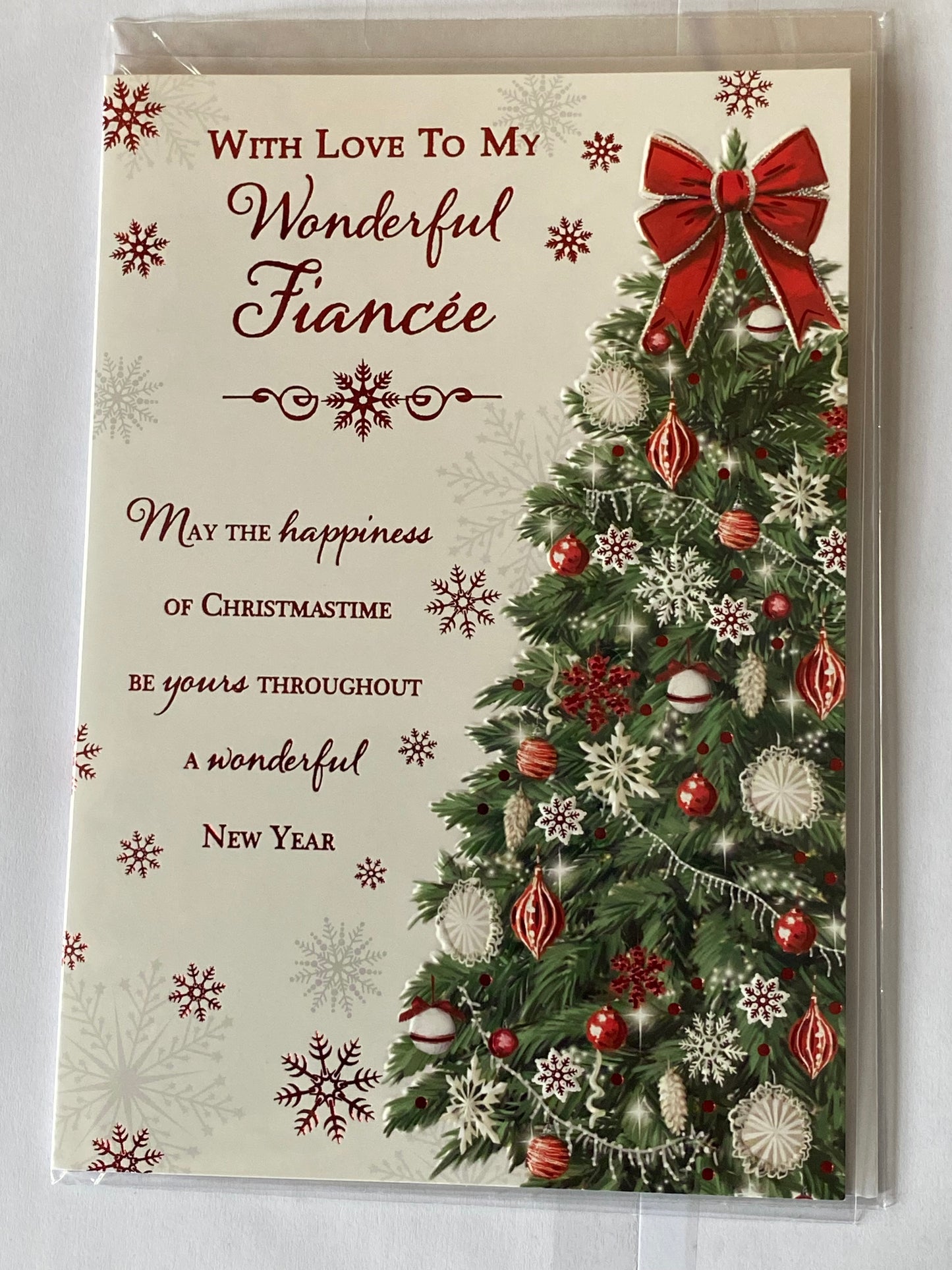 With Love To My Wonderful Fiancee Christmas Card Red+White Christmas Tree/Red Words(PH46970A)
