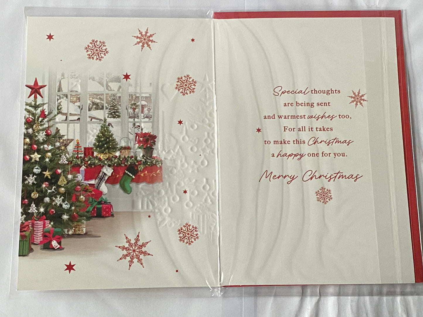 Christmas Wishes From Our House To Yours Christmas Card Our House To Your House Stockings/Window/Tree/Red Words(PH50214B)