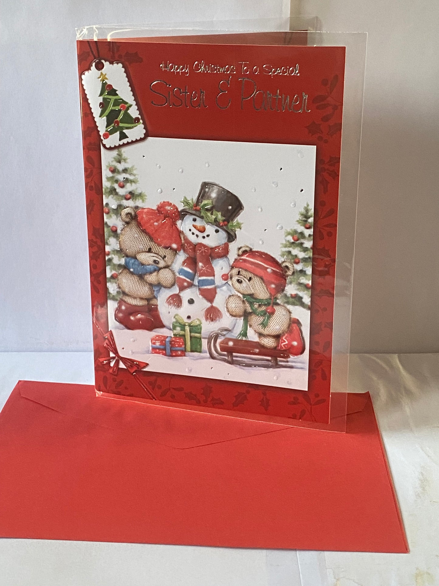 Happy Christmas To A Special Sister & Partner Christmas Card Red/White-Teddies/Snowman(SXC50-1022B)