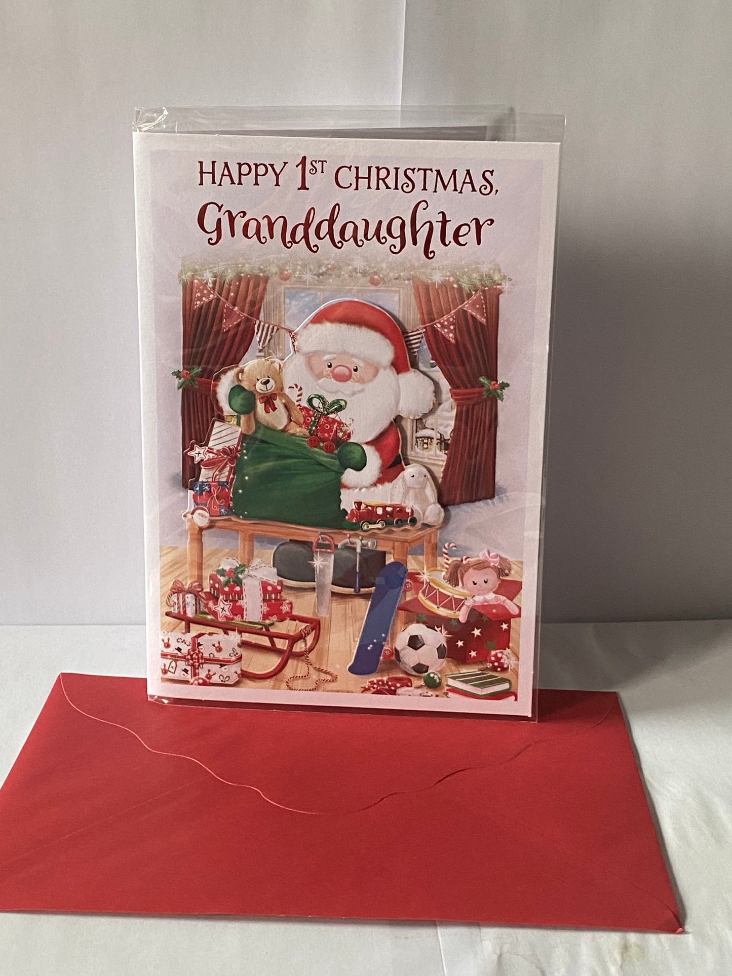 Happy 1st Christmas Granddaughter Christmas Card Granddaughter's First Cute Santa/Green Sack/Toys(PRELUDE47933)