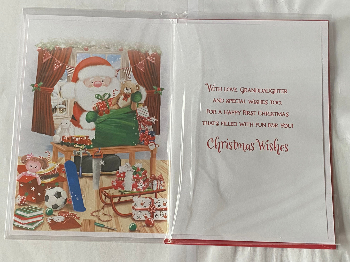 Happy 1st Christmas Granddaughter Christmas Card Granddaughter's First Cute Santa/Green Sack/Toys(PRELUDE47933)