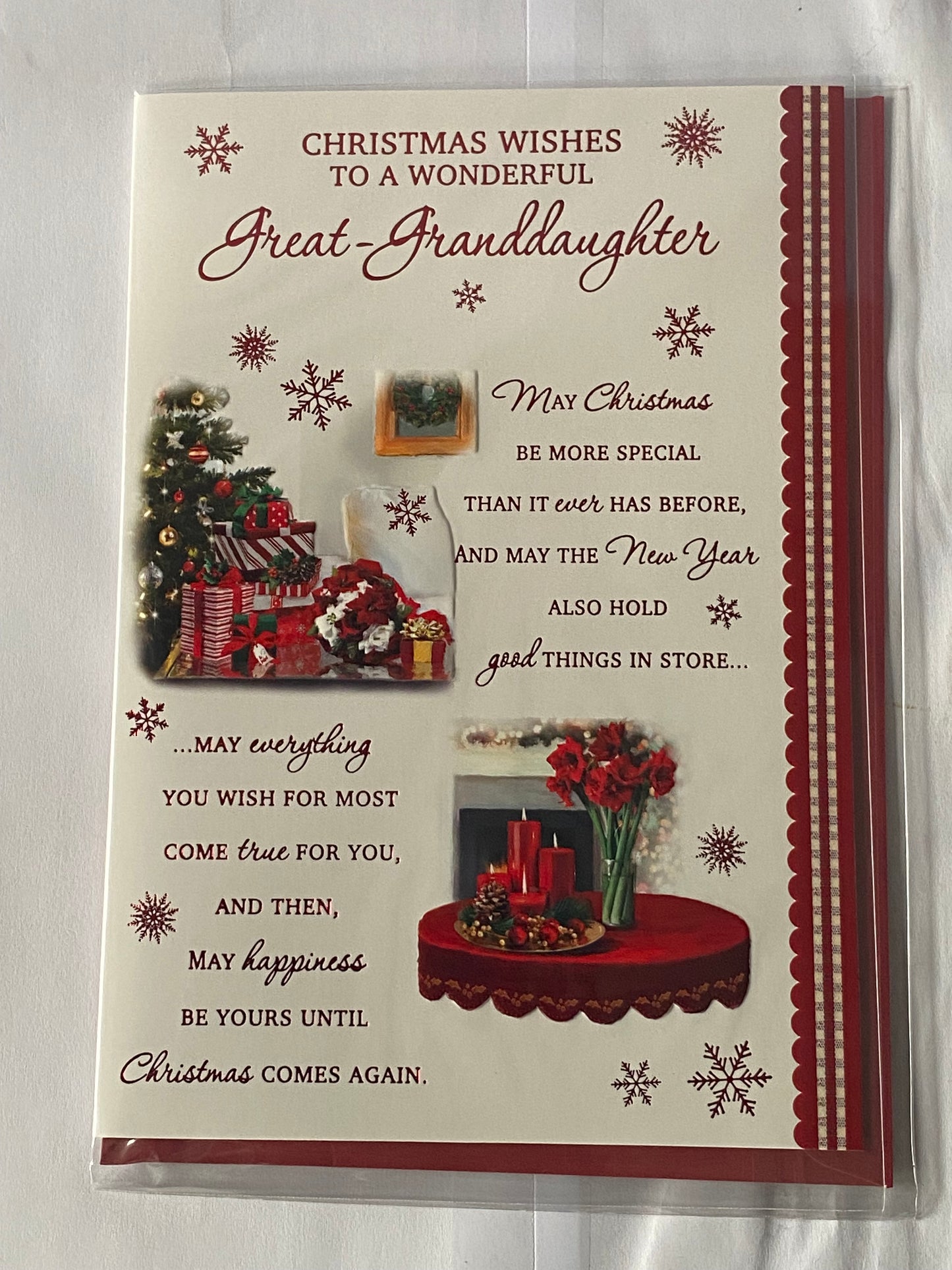 Christmas Wishes To A Wonderful Great-Granddaughter Christmas Card Presents/Red Candles/Flowers/Red Words(PH46987B)