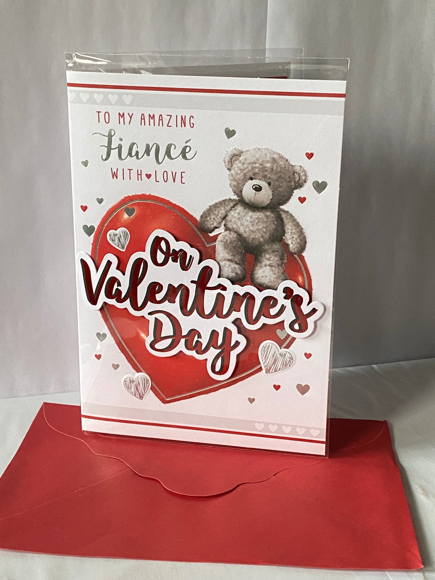 To My Amazing Fiance With Love On Valentine's Day Valentines Day Card Teddy Sat On Large Red Heart 3D/Foil Detail(PRELUDE47548)