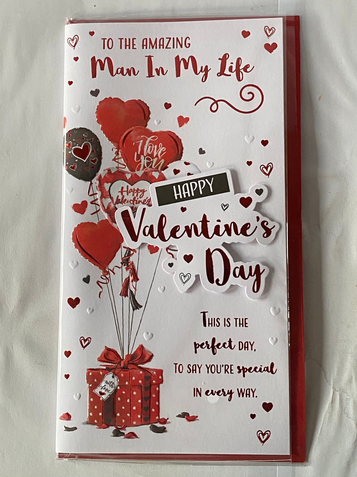 To The Amazing Man In My Life Happy Valentine's Day Valentines Day Card Present/Heart Balloons/Words 3D/Foil Detail(PRELUDE46681)