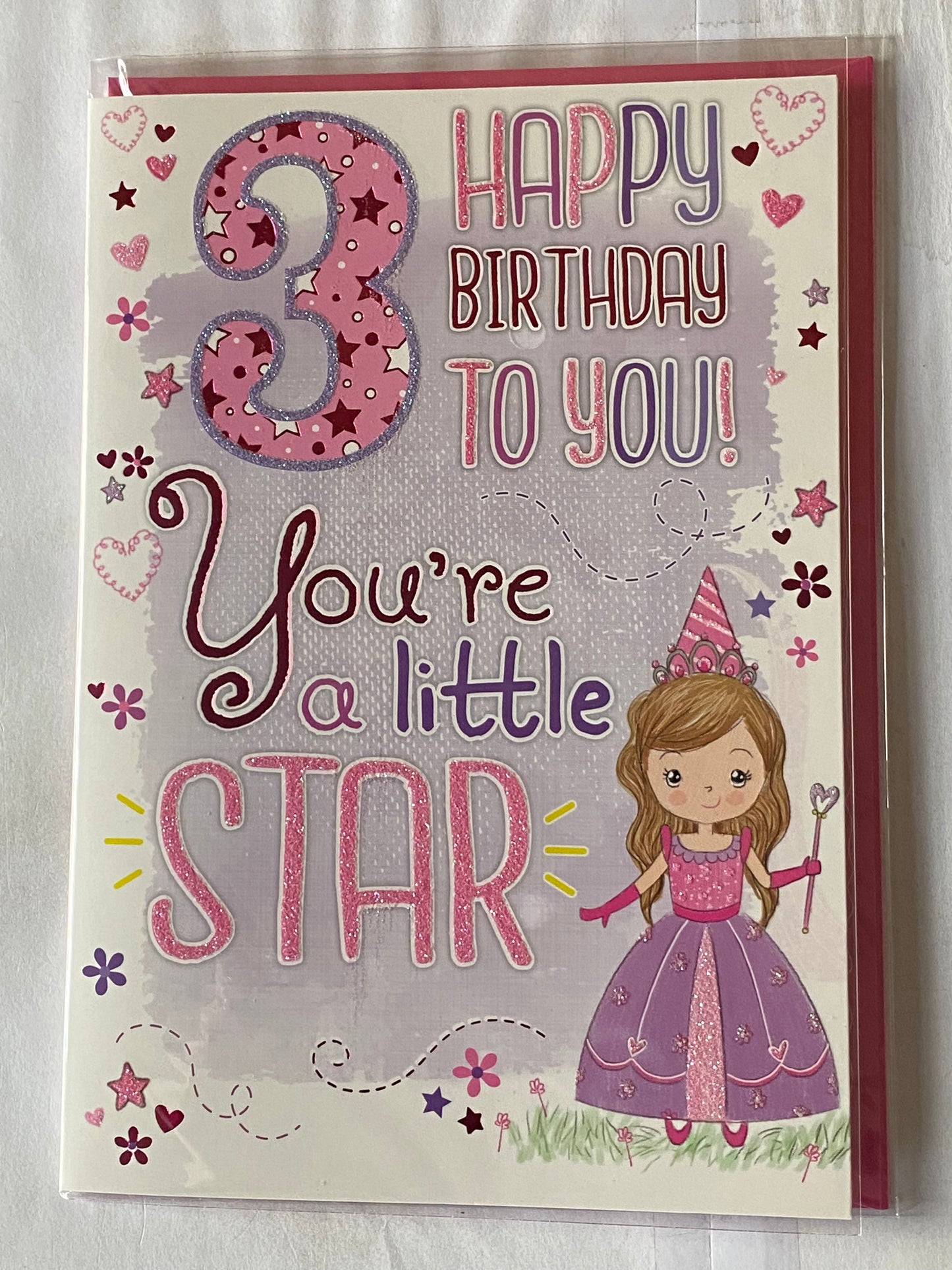 Girls/Female Age 3 3rd Three Third 3 Happy Birthday To You! You're A Little Star Birthday Card Purple/Pink Word/Purple Princess Glitter/Foil Detail(PH43352E)