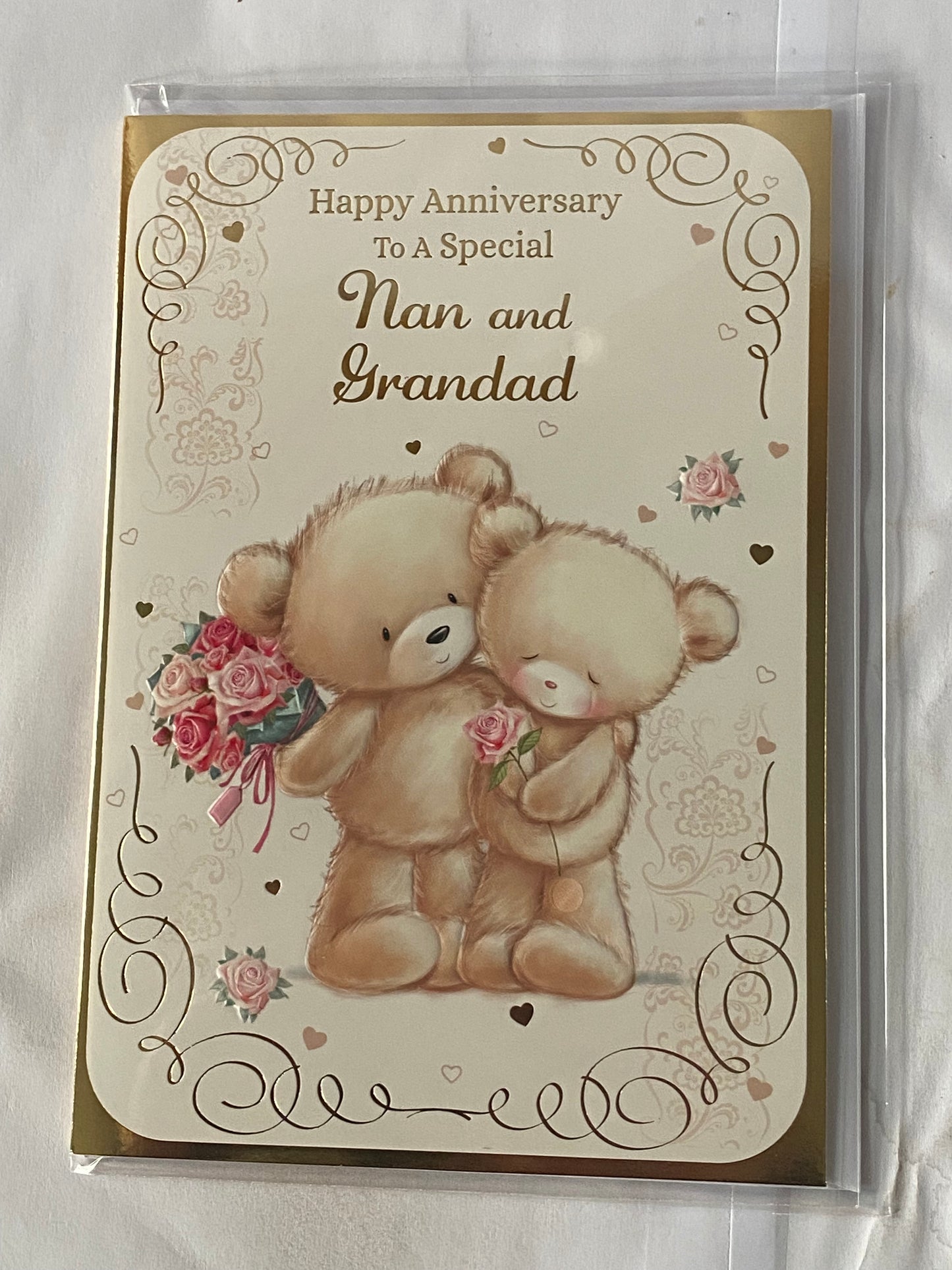 Happy Anniversary To A Special Nan And & Grandad On Your Wedding Anniversary Card Teddies Holding Flowers+Hugging Foil Detail(NC-VA051B)