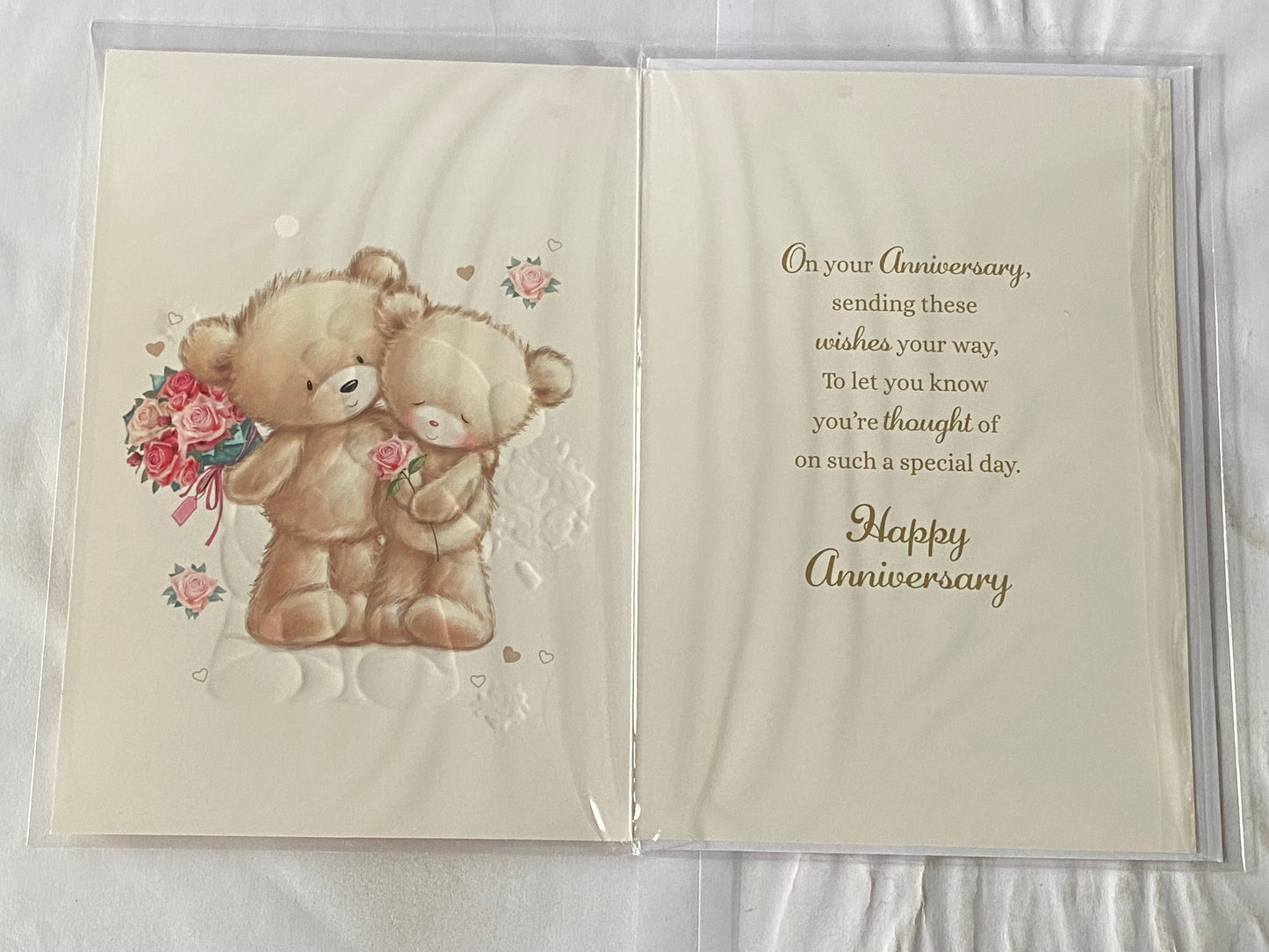 Happy Anniversary To A Special Nan And & Grandad On Your Wedding Anniversary Card Teddies Holding Flowers+Hugging Foil Detail(NC-VA051B)