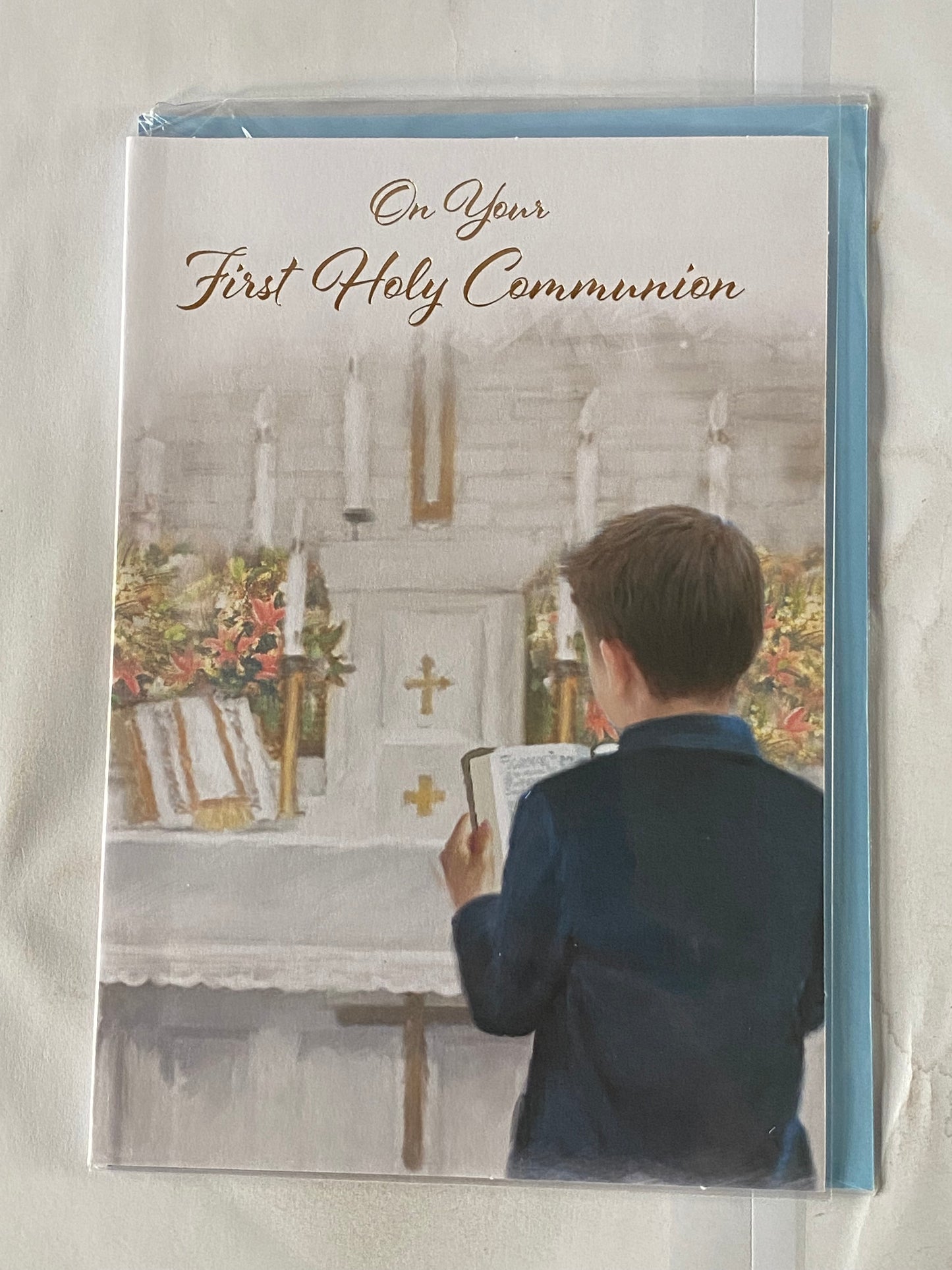Boys/Male Special Wishes On Your First Holy Communion Card 1st Boy Praying/Church Foil Detail(KI43161B)