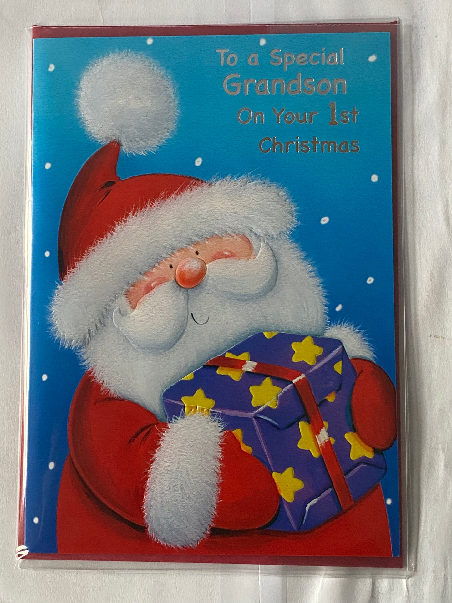 To A Special Grandson On Your 1st Christmas Card Grandson's First Blue-Cute Santa/Purple Present(SSX27B)