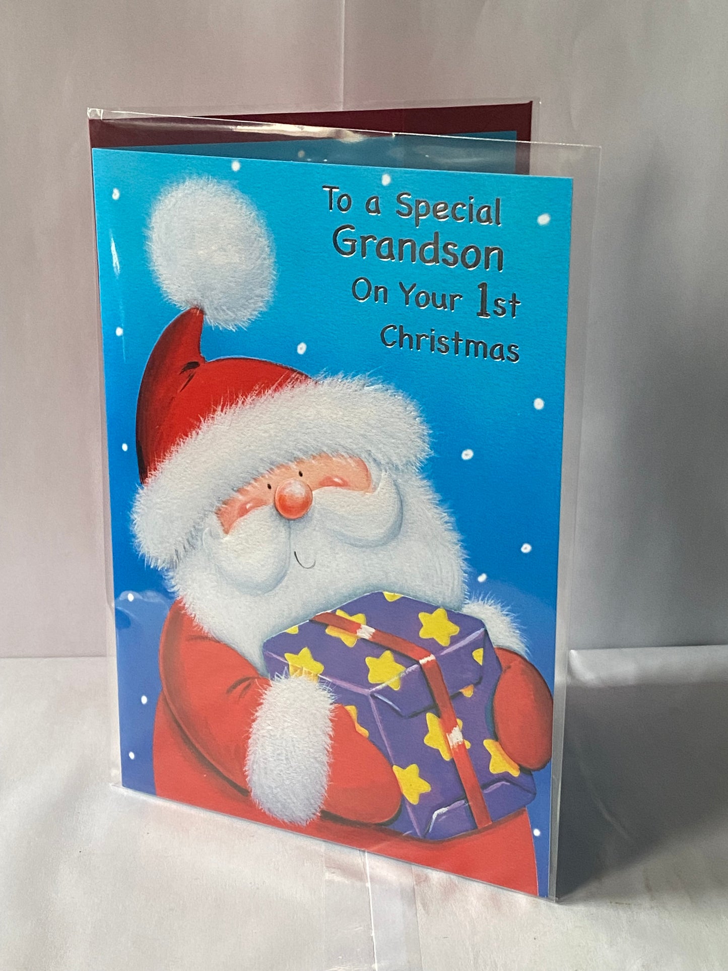 To A Special Grandson On Your 1st Christmas Card Grandson's First Blue-Cute Santa/Purple Present(SSX27B)