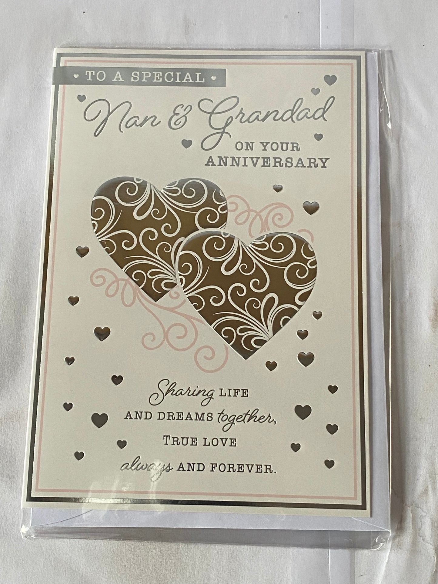 To A Special Nan & Grandad On Your Anniversary Wedding Anniversary Card Silver/Pink Hearts/Silver Words Foil Detail(PH47356A)