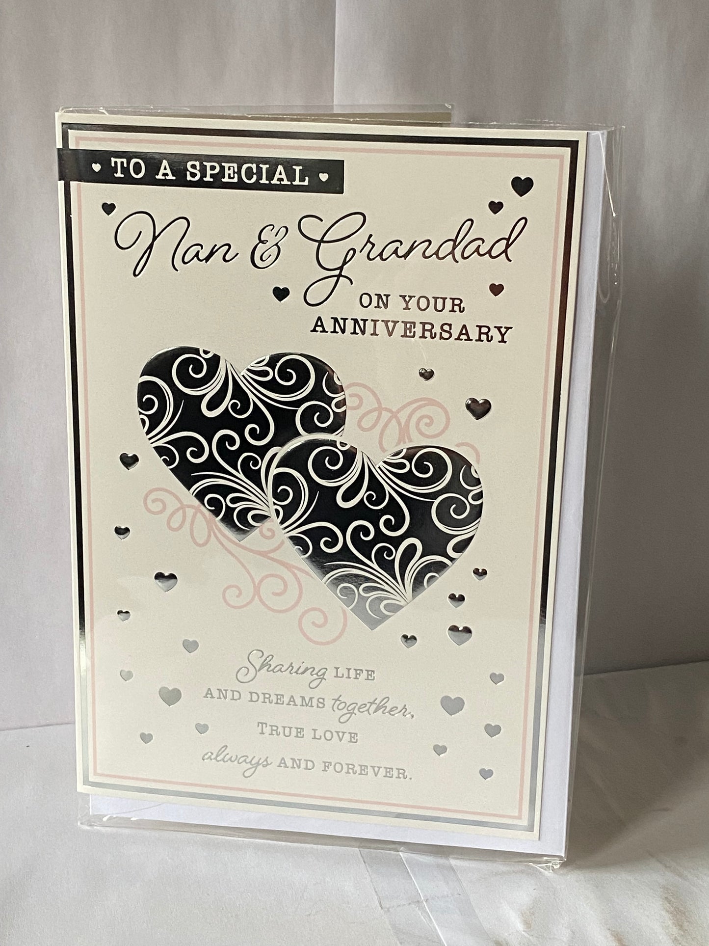 To A Special Nan & Grandad On Your Anniversary Wedding Anniversary Card Silver/Pink Hearts/Silver Words Foil Detail(PH47356A)