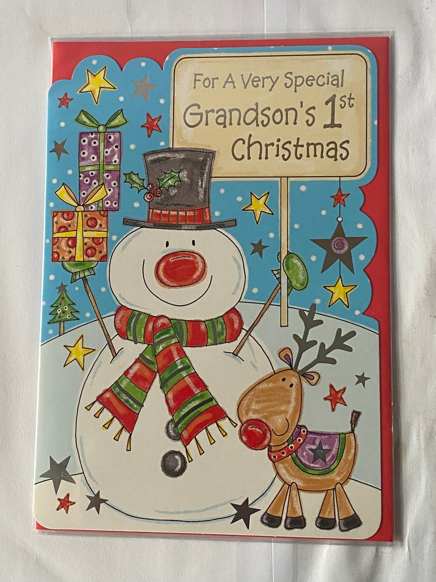 For A Special Grandson's 1st Christmas Card Grandson First Snowman/Rudolph Foil Detail(HSX947B)