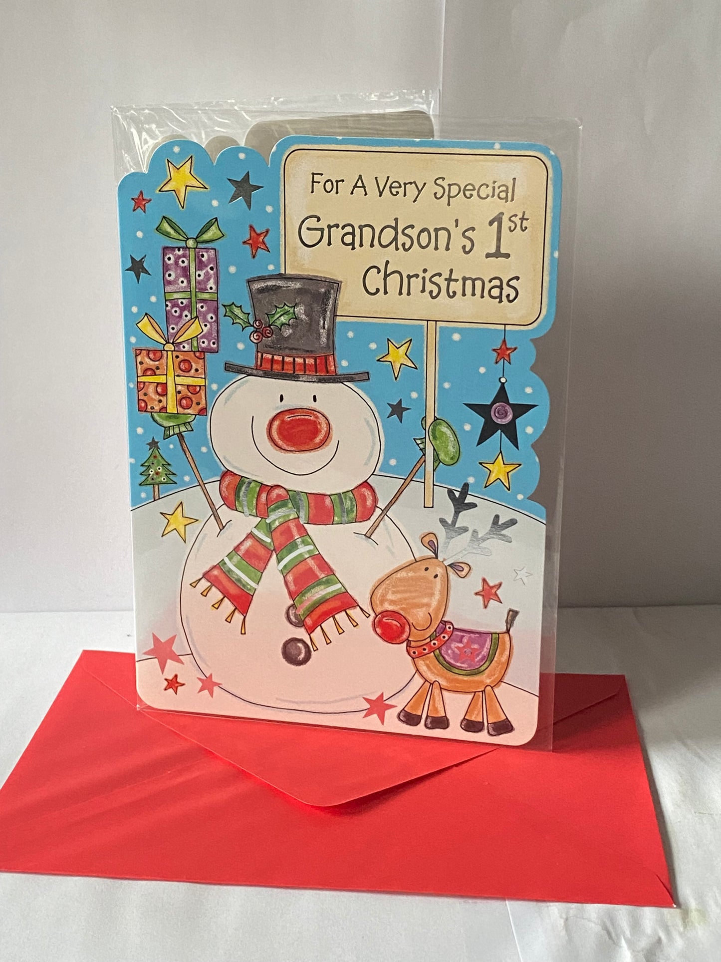 For A Special Grandson's 1st Christmas Card Grandson First Snowman/Rudolph Foil Detail(HSX947B)