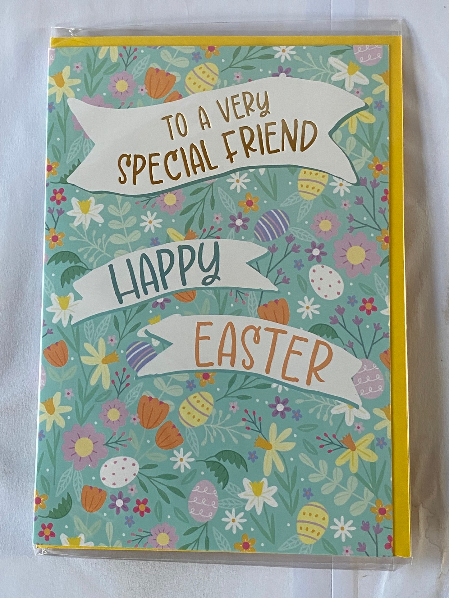 To A Very Special Friend Happy Easter Card Green-Multi Eggs/Multi Flowers/Words Foil Detail(PH50660B)