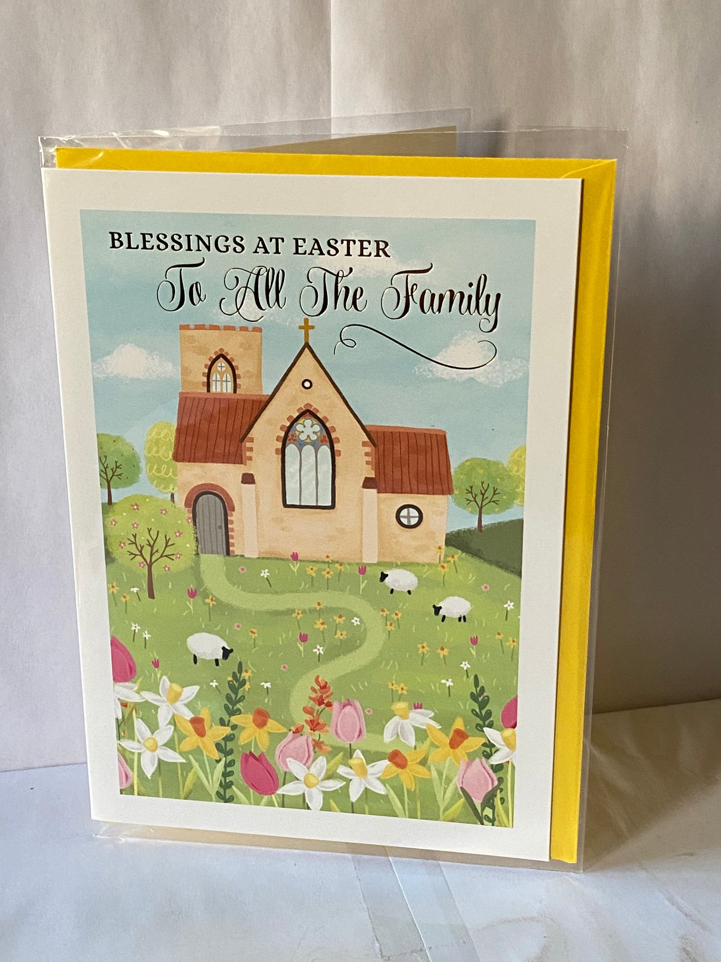 Blessings At Easter To All The Family Easter Card Church/Flowers/Sheep Foil Detail(PH50658A)