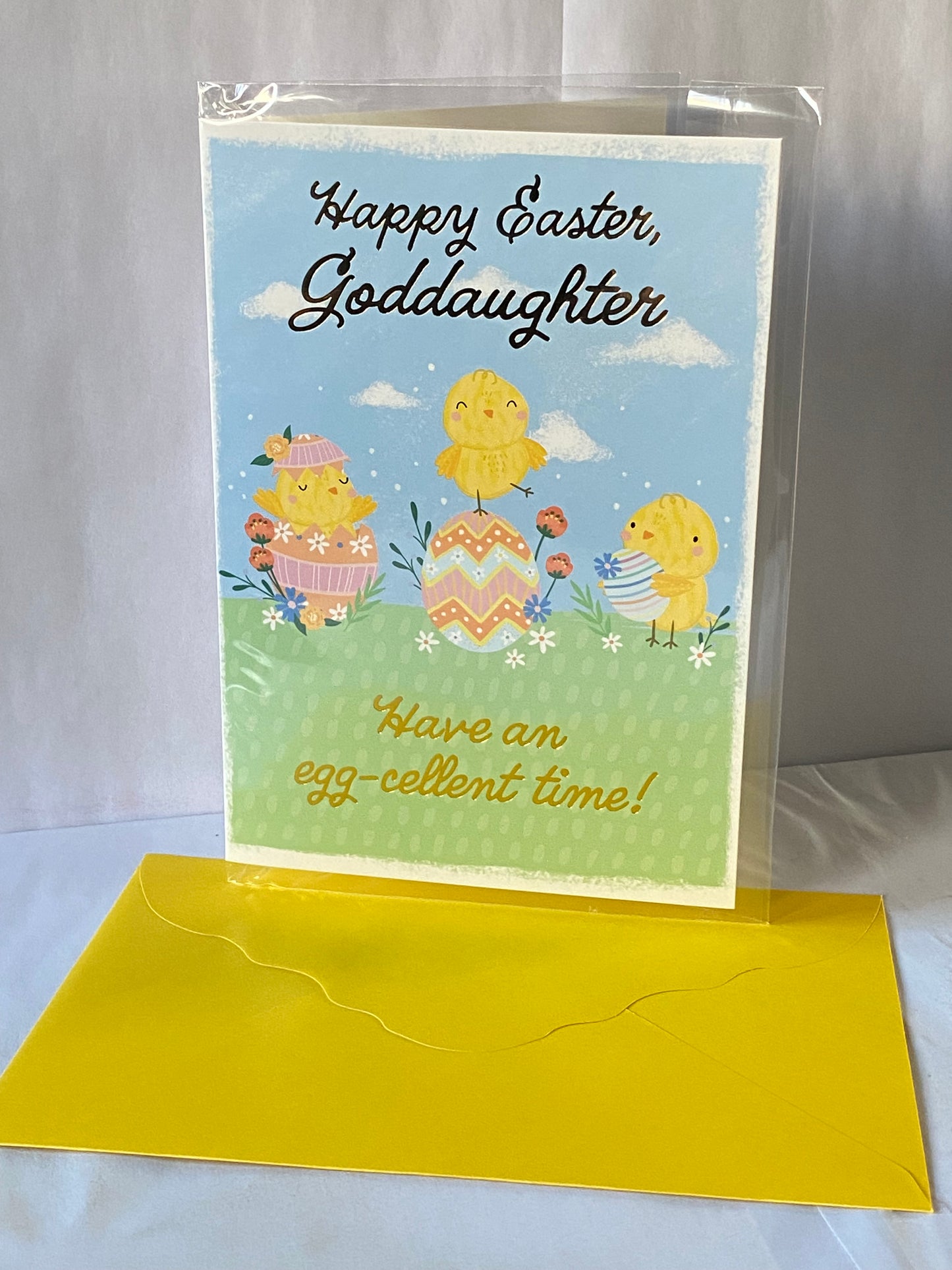 Happy Easter Goddaughter Have An Egg-cellent Time! Easter Card Cute Chicks/Eggs/Flowers Foil Detail(PH50655B)