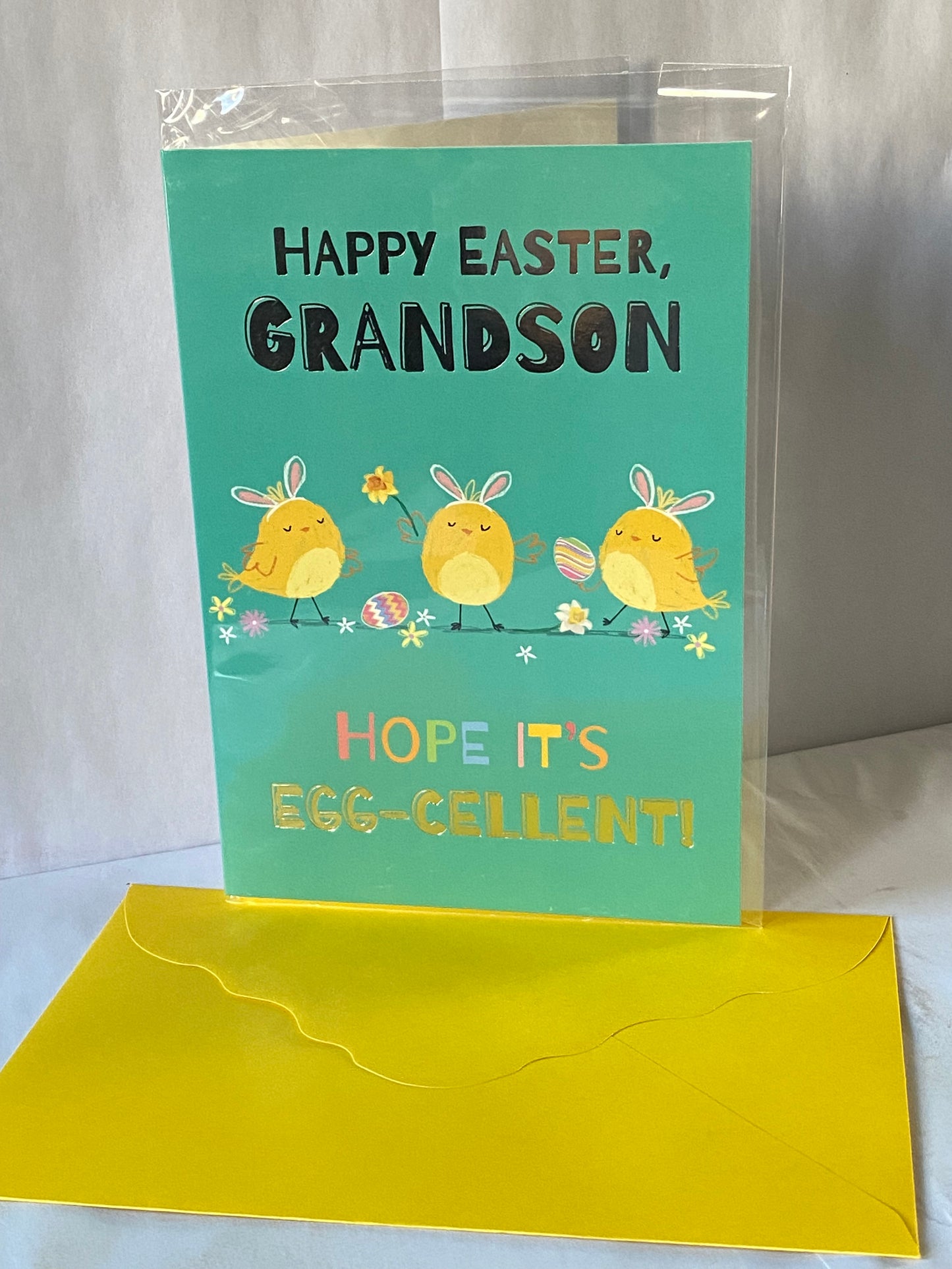 Happy Easter Grandson Hope It's Egg-cellent! Easter Card Green-Chicks/Flowers/Eggs Foil Detail(PH50657B)