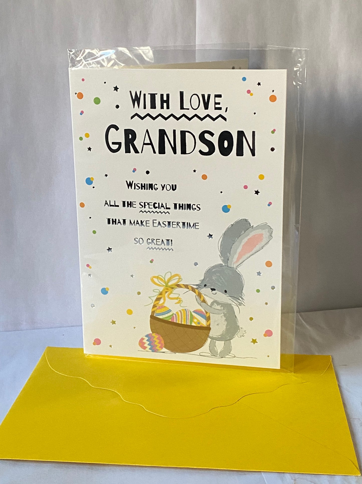 With Love Grandson Easter Card Cute Grey Rabbit Carrying Basket Of Eggs Foil Detail(PH50656B)