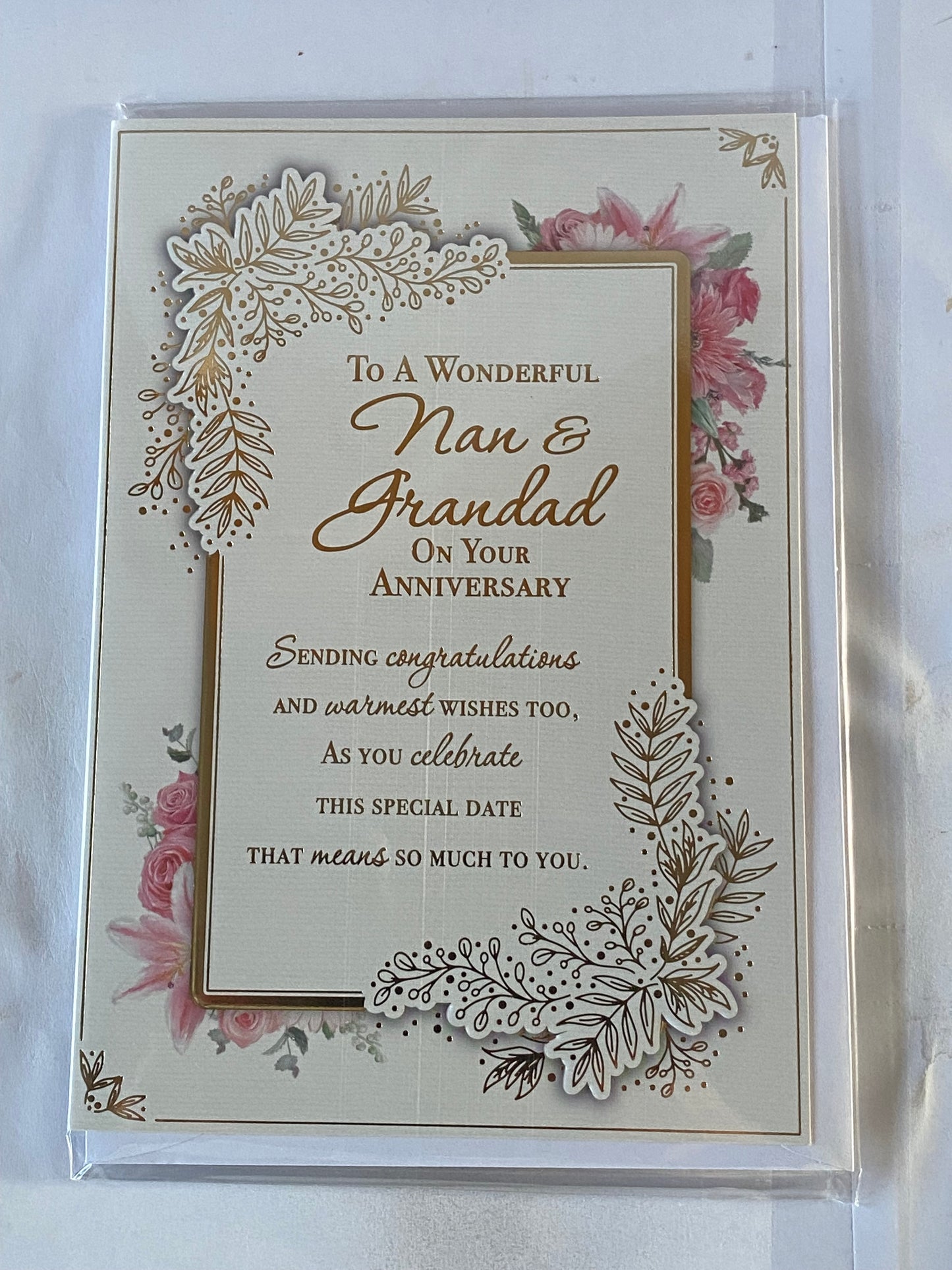 To A Wonderful Nan & Grandad On Your Anniversary Wedding Anniversary Card Pink Flowers/Gold Words/Rectangle Foil Detail(PH48408A)