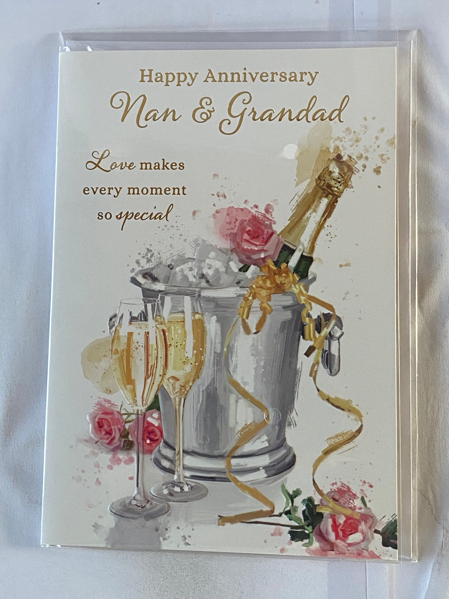 Happy Anniversary Nan & Grandad On Your Wedding Anniversary Card Ice Bucket/Champagne/Flutes/Pink Flowers Foil Detail(NC-VA219A)