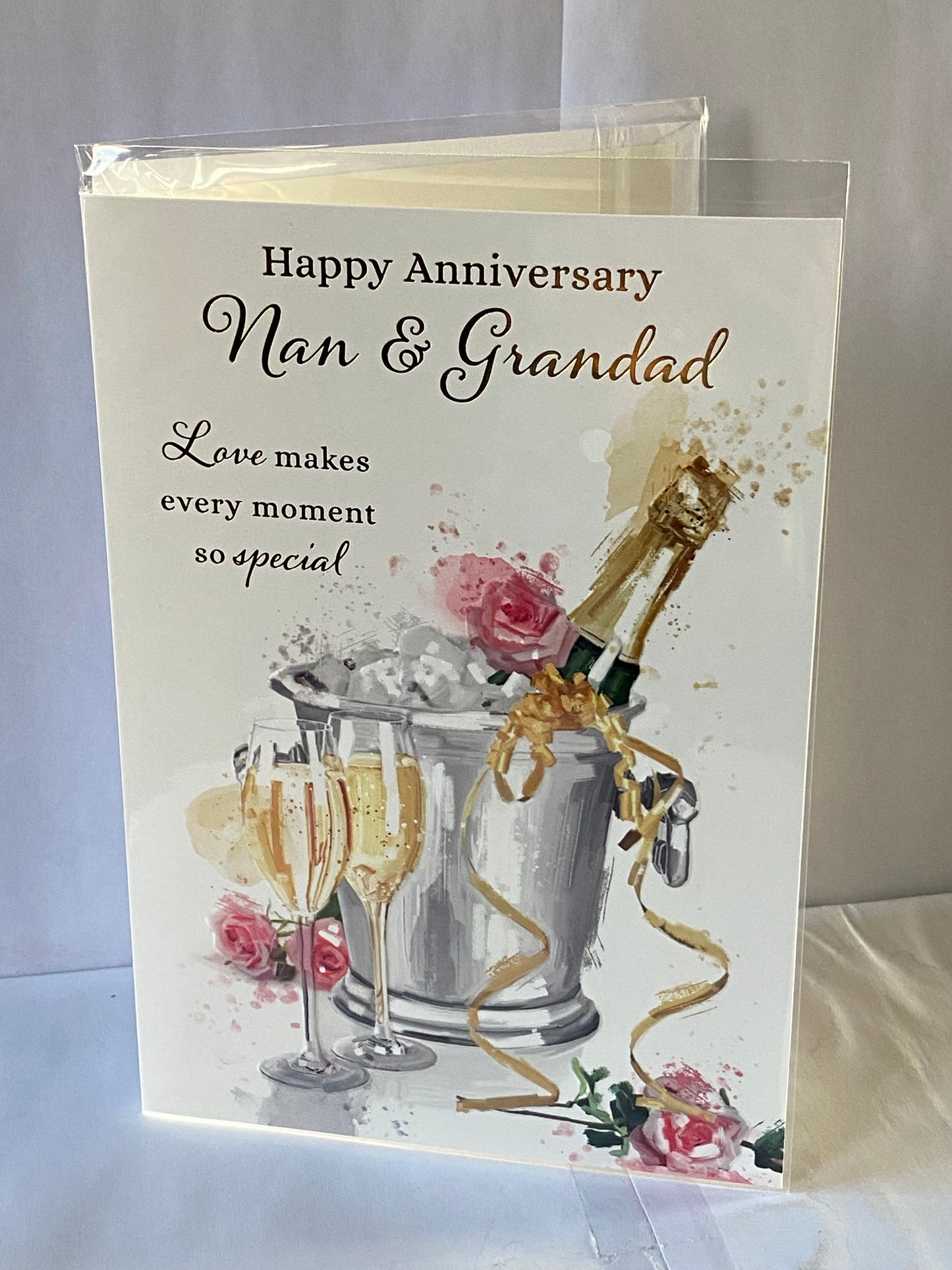 Happy Anniversary Nan & Grandad On Your Wedding Anniversary Card Ice Bucket/Champagne/Flutes/Pink Flowers Foil Detail(NC-VA219A)