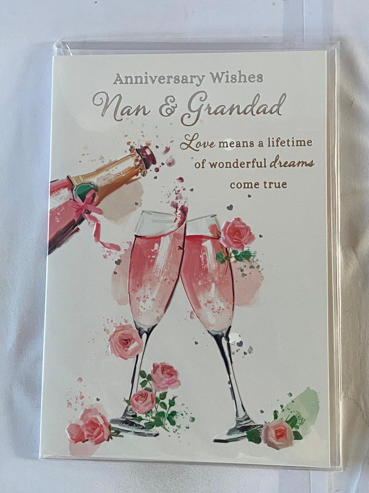 Anniversary Wishes Nan & Grandad Wedding Anniversary Card Pink Champagne/Flutes/Pink Flowers Foil Detail(NC-VA219B)