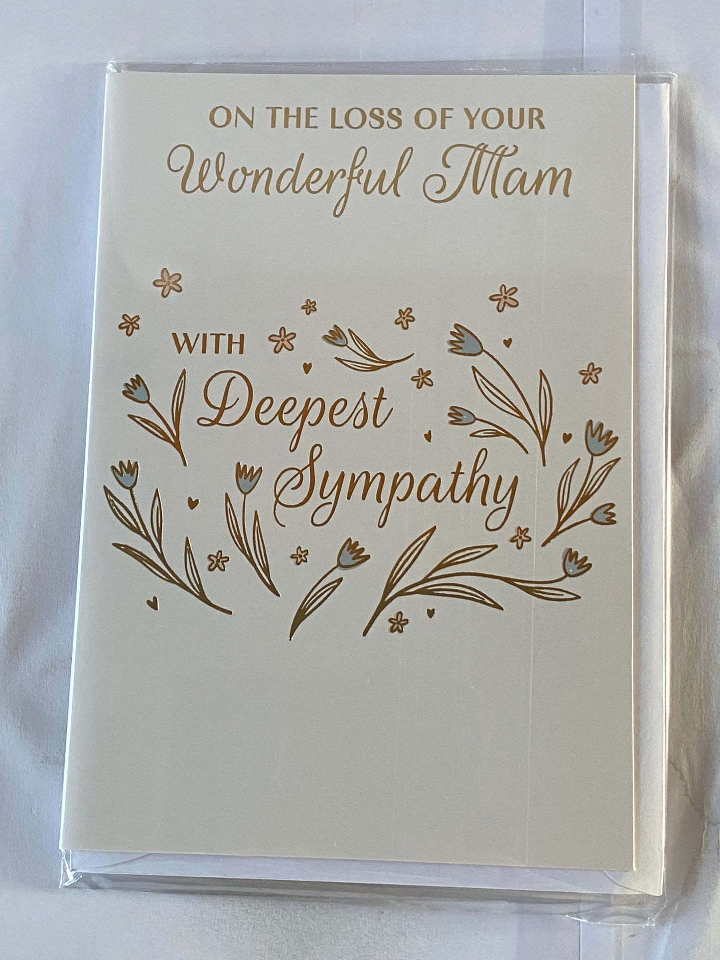 On The Loss of Your Wonderful Mam With Deepest Sympathy Card Condolence Blue+Pink Flowers/Gold Words Foil Detail(PH50535A)