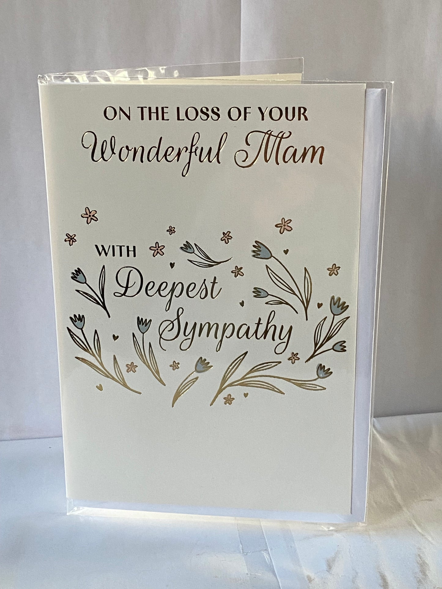 On The Loss of Your Wonderful Mam With Deepest Sympathy Card Condolence Blue+Pink Flowers/Gold Words Foil Detail(PH50535A)