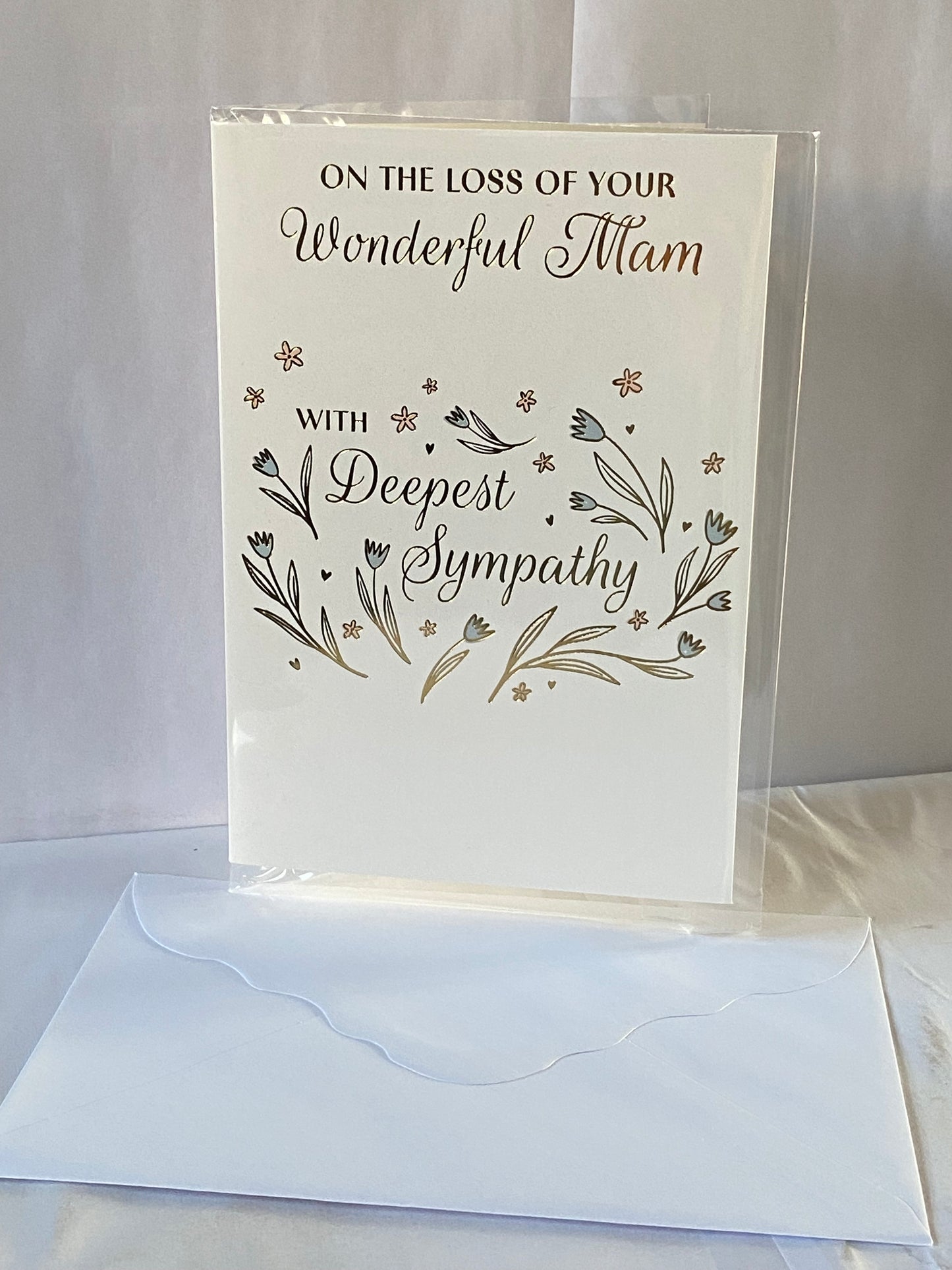 On The Loss of Your Wonderful Mam With Deepest Sympathy Card Condolence Blue+Pink Flowers/Gold Words Foil Detail(PH50535A)