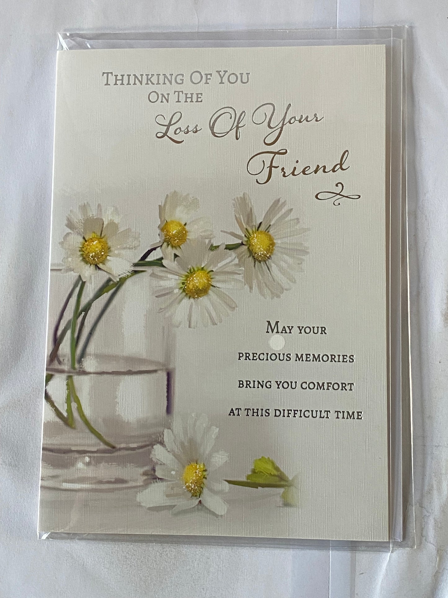 Thinking Of You On The Loss of Your Friend Sympathy Card Condolence White/Yellow Flowers/Glass Vase Foil Detail(NC-VA161B)
