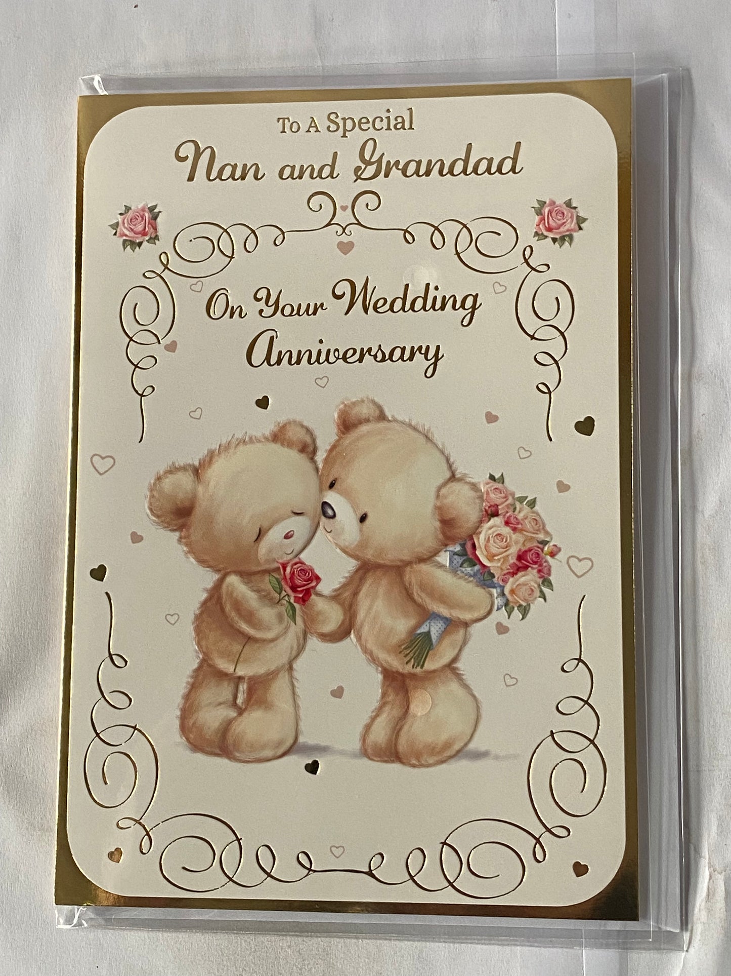 To A Special Nan And & Grandad On Your Wedding Anniversary Card Teddies Holding Flowers+Kissing Foil Detail(NC-VA051A)