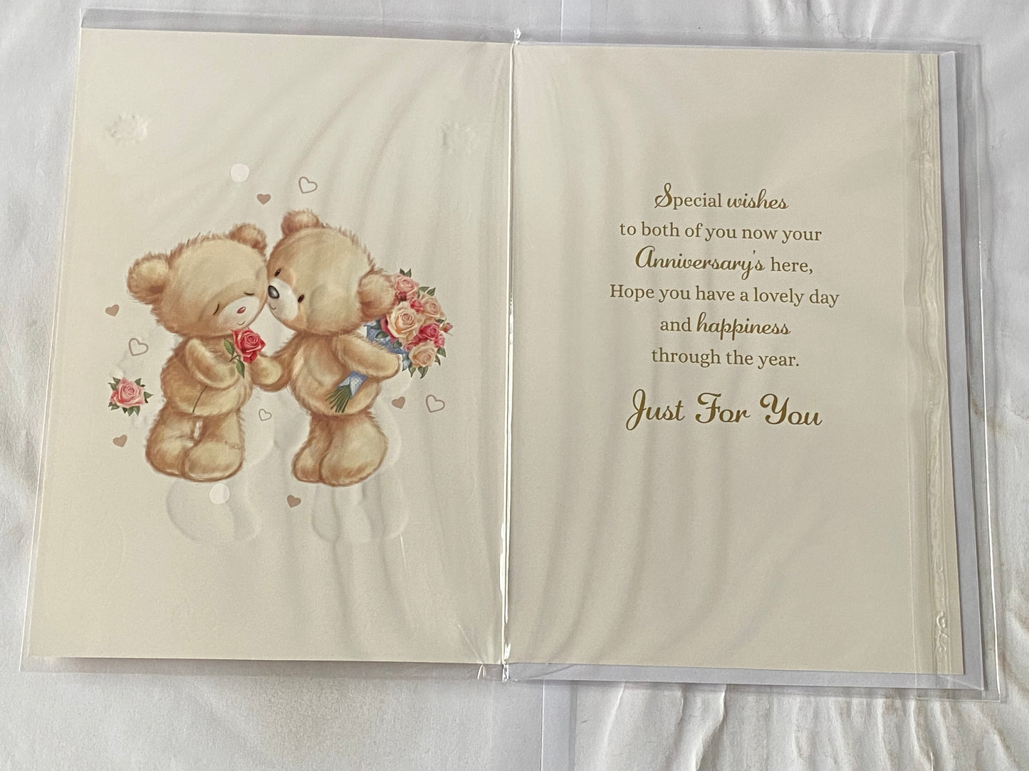 To A Special Nan And & Grandad On Your Wedding Anniversary Card Teddies Holding Flowers+Kissing Foil Detail(NC-VA051A)