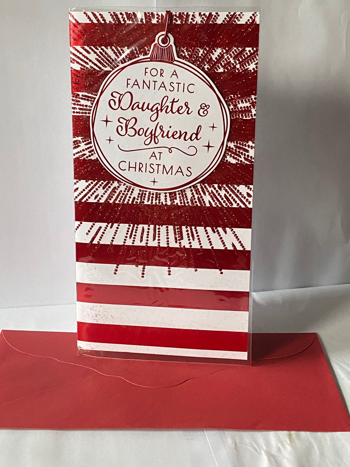 For A Fantastic Daughter & Boyfriend At Christmas Card Red/White Stripes/Baubles(PRELUDE44990)