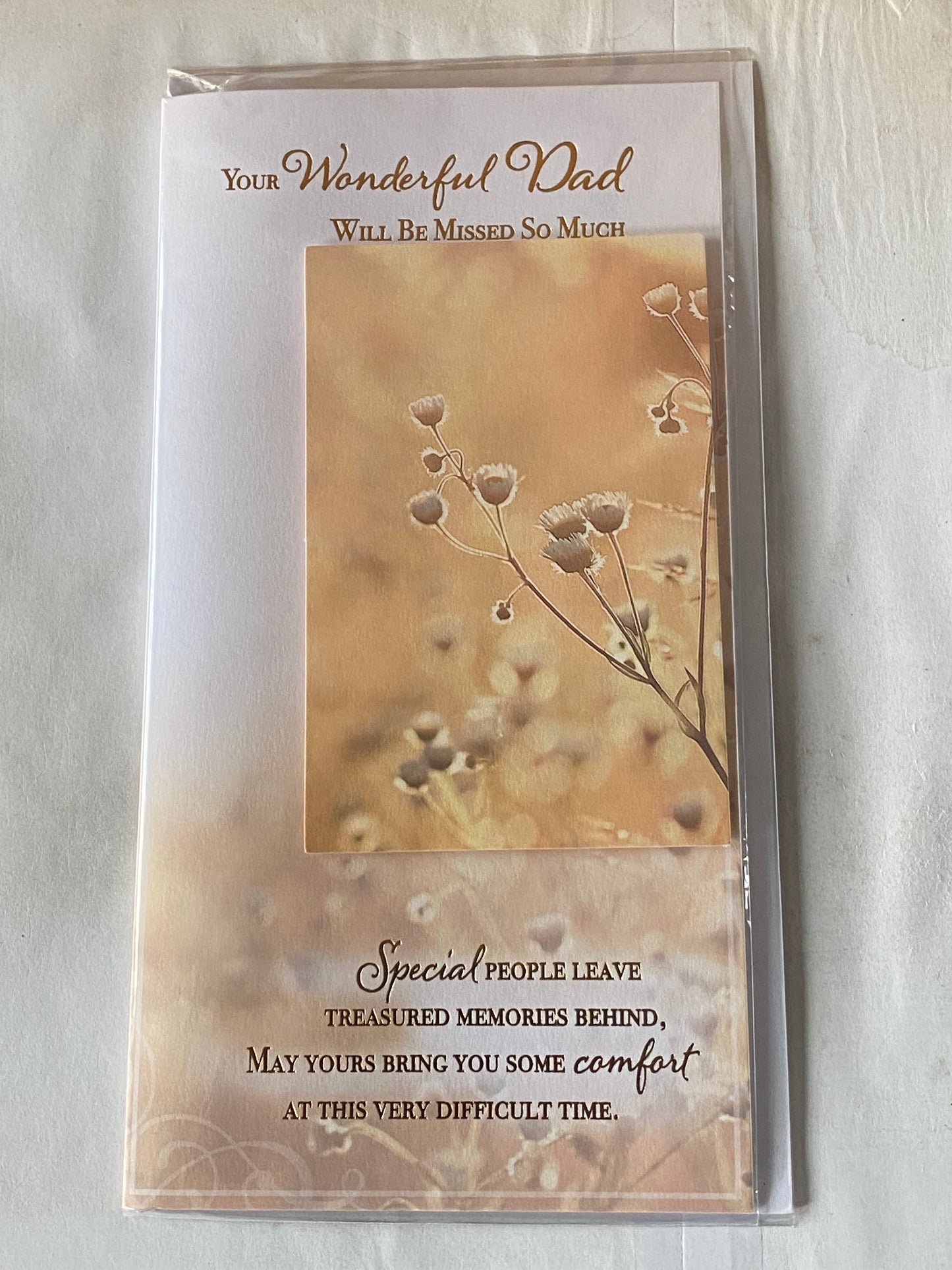 Your Wonderful Dad Will Be Missed So Much Sympathy Card Condolence White/Gold Flowers/Words 3D/Foil Detail(PRELUDE42927)