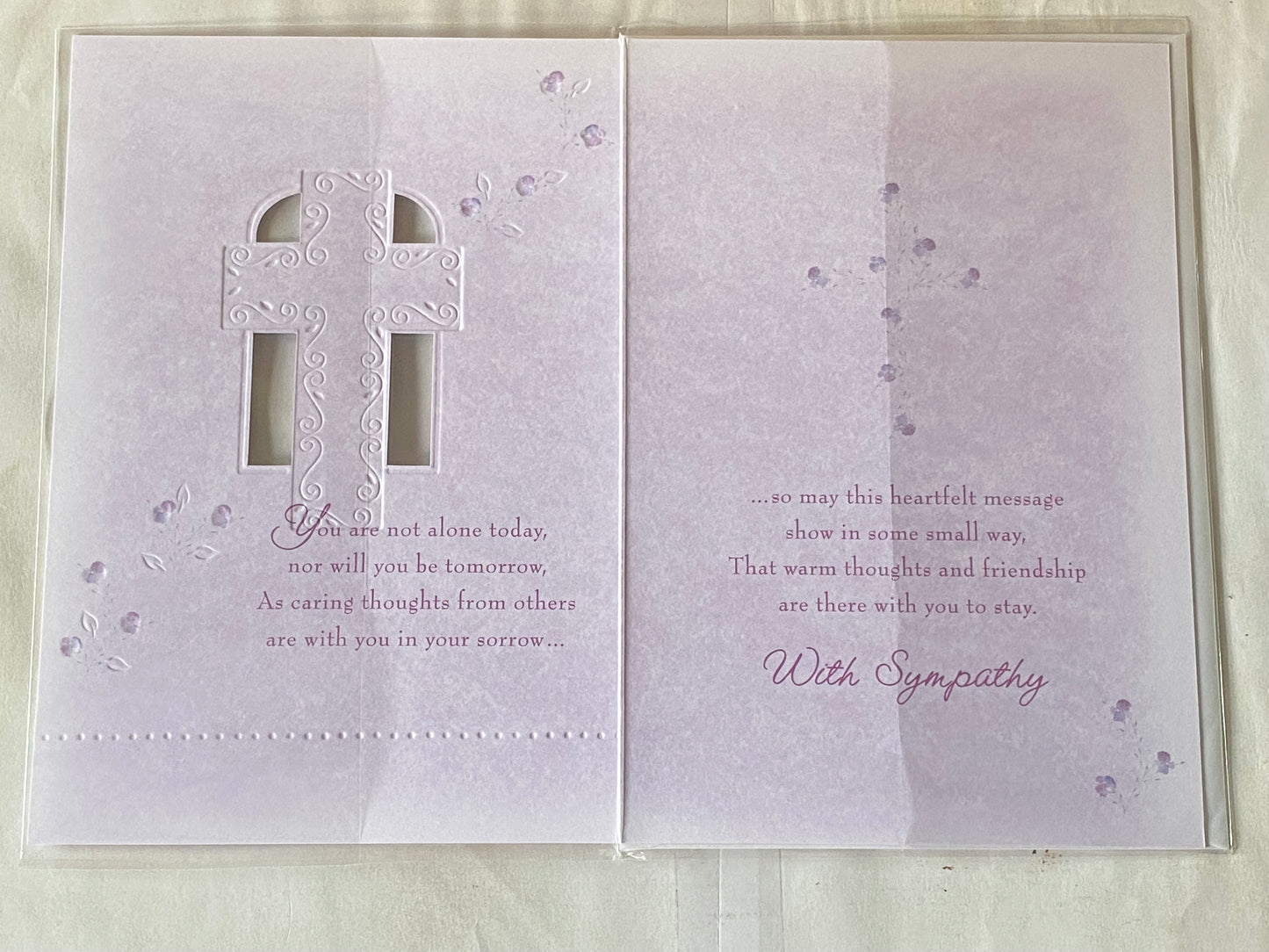 With Sympathy On The Loss Of Your Father Sympathy Card Condolence White//Purple/Silver Cross/Flowers/Words Foil Detail(SS31585A)