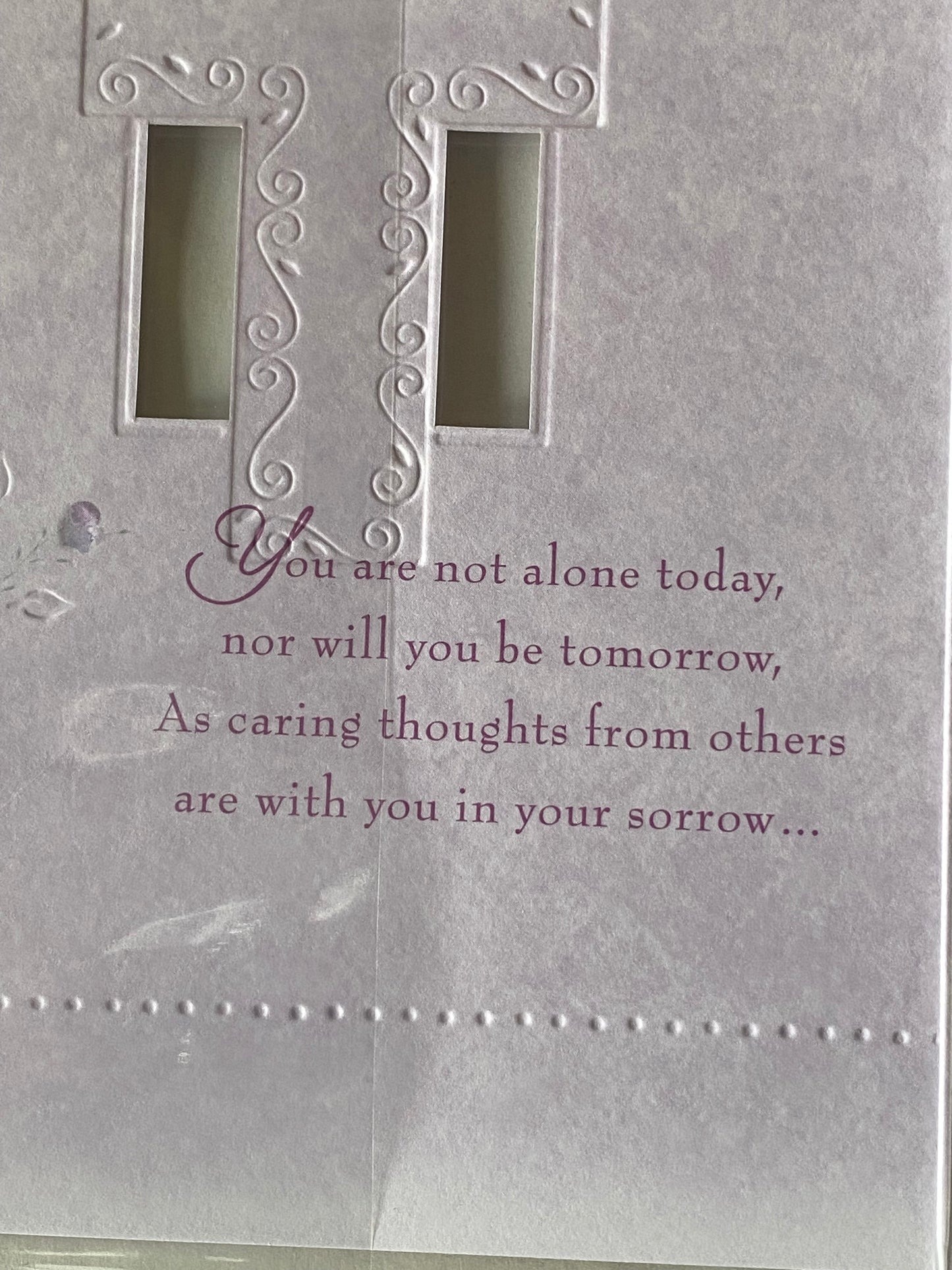 With Sympathy On The Loss Of Your Father Sympathy Card Condolence White//Purple/Silver Cross/Flowers/Words Foil Detail(SS31585A)