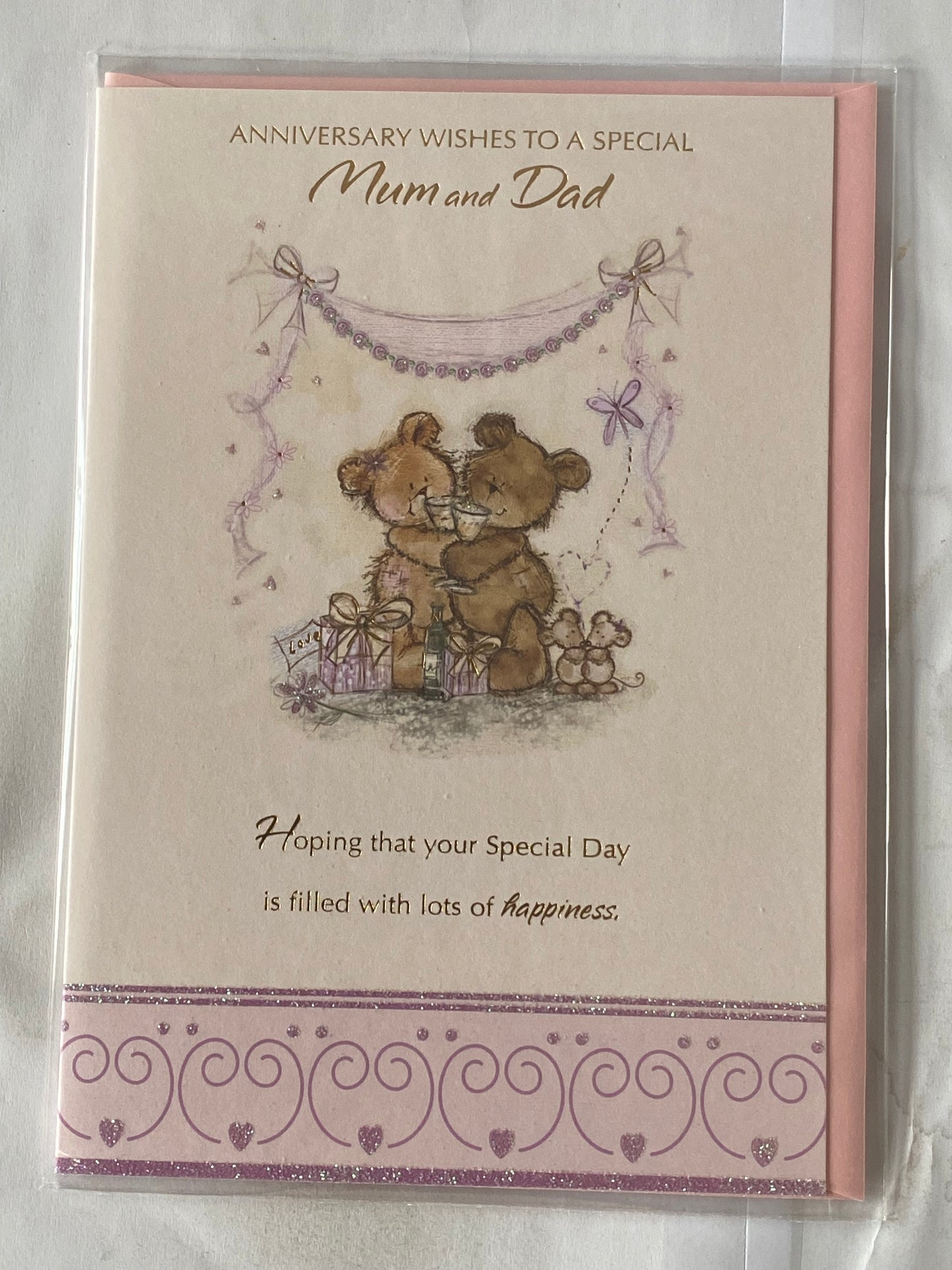 Anniversary Wishes To A Special Mum And & Dad On Your Wedding Anniversary Card Cream/Purple/Gold-Teddies/Flutes/Words(SS31121B)