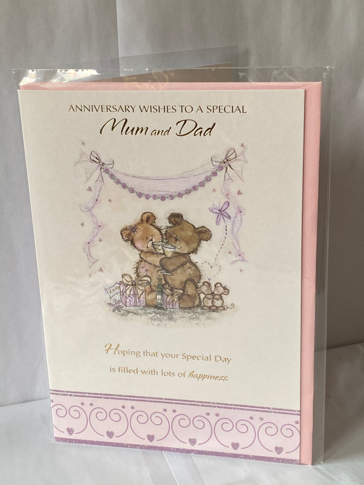 Anniversary Wishes To A Special Mum And & Dad On Your Wedding Anniversary Card Cream/Purple/Gold-Teddies/Flutes/Words(SS31121B)