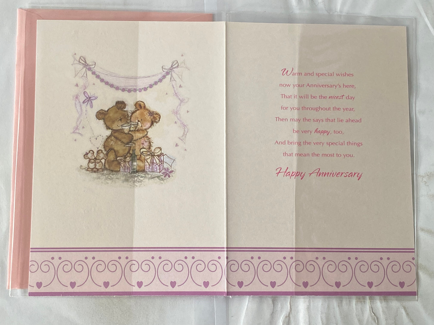 Anniversary Wishes To A Special Mum And & Dad On Your Wedding Anniversary Card Cream/Purple/Gold-Teddies/Flutes/Words(SS31121B)