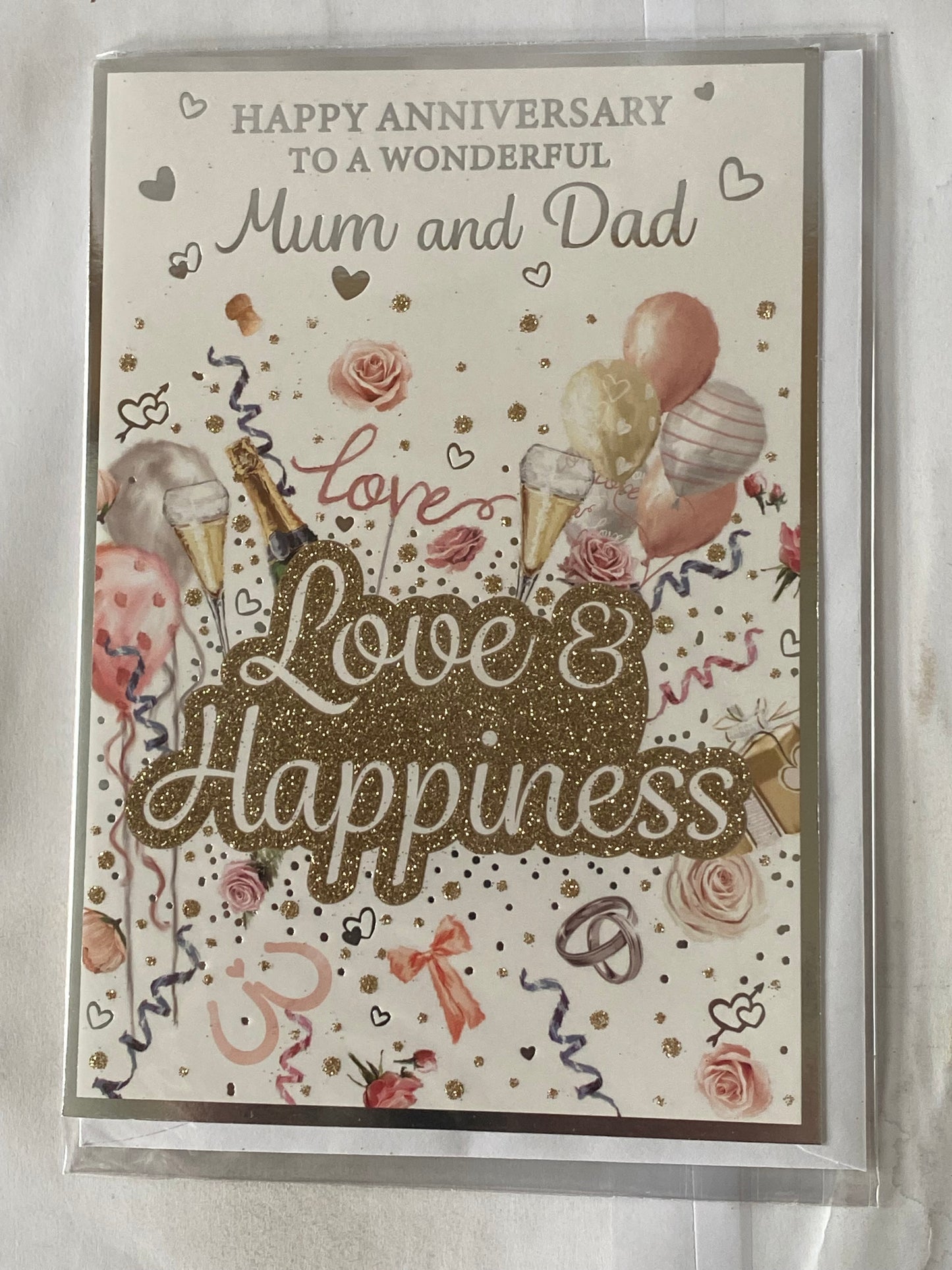 Happy Anniversary To A Wonderful Mum And & Dad Love & Happiness On Your Wedding Anniversary Card Balloons/Streamers/Words(PH48410B)