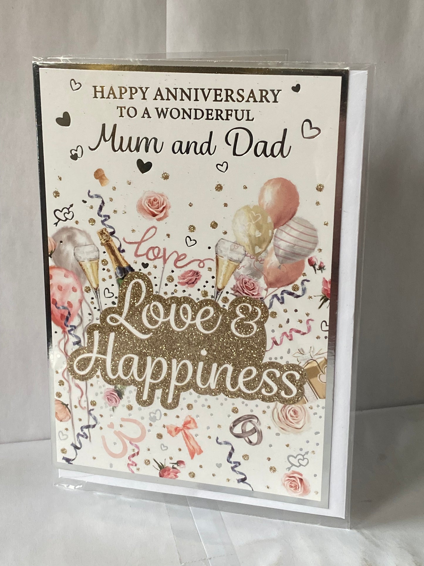 Happy Anniversary To A Wonderful Mum And & Dad Love & Happiness On Your Wedding Anniversary Card Balloons/Streamers/Words(PH48410B)
