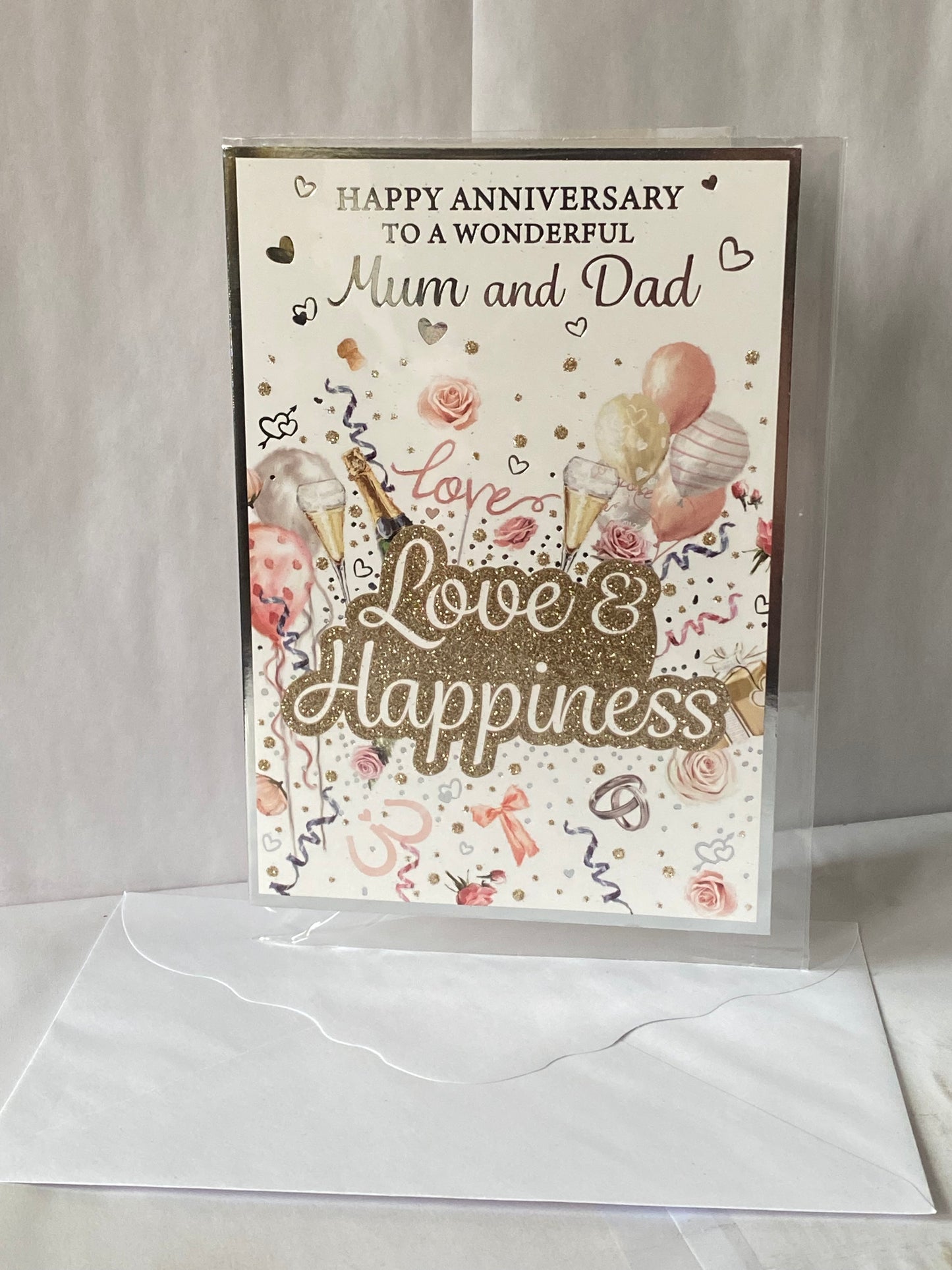 Happy Anniversary To A Wonderful Mum And & Dad Love & Happiness On Your Wedding Anniversary Card Balloons/Streamers/Words(PH48410B)