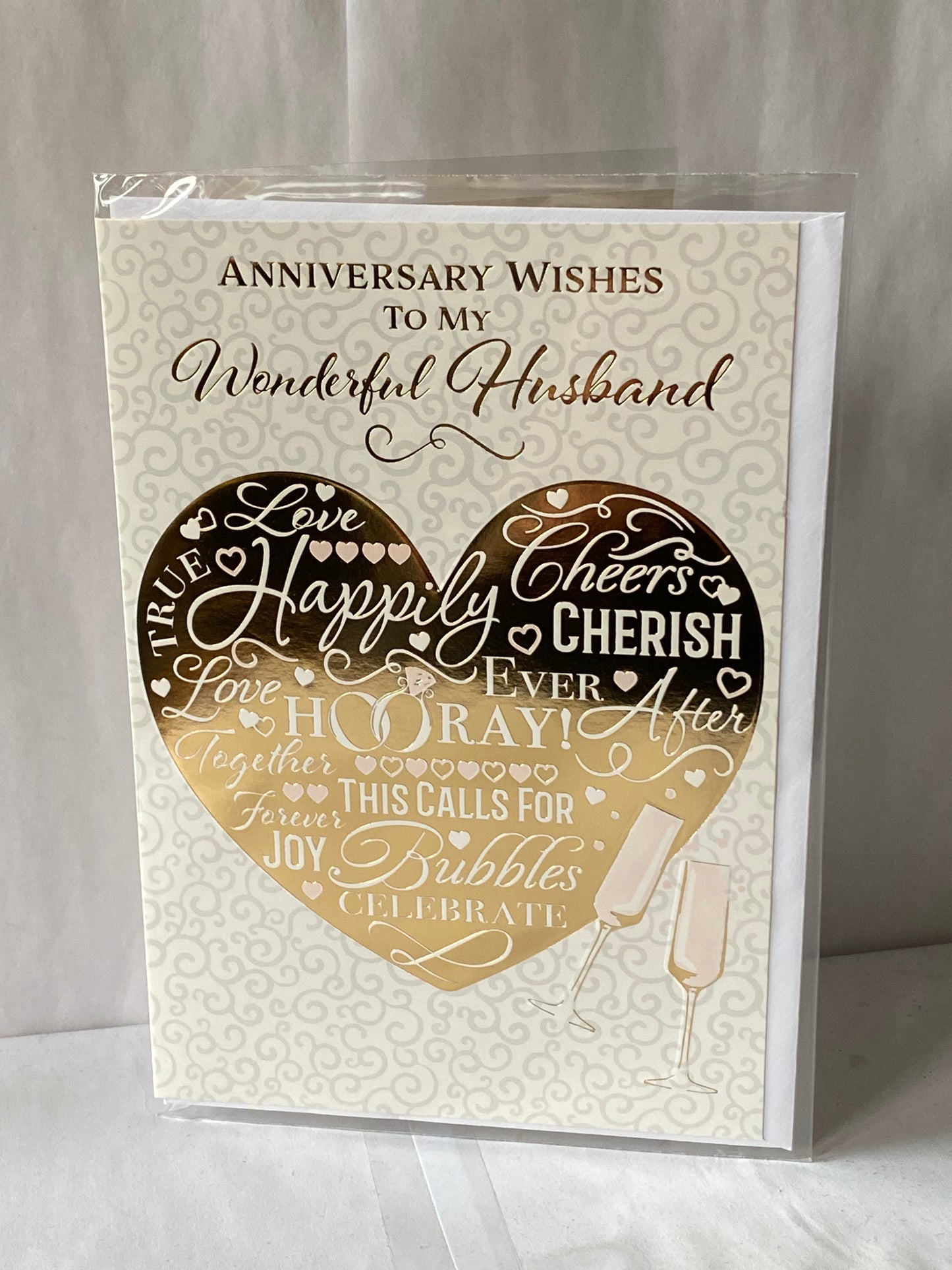 Anniversary Wishes To My Wonderful Husband Our Wedding Anniversary Card Gold Heart/Pink Flutes(PH48409B)