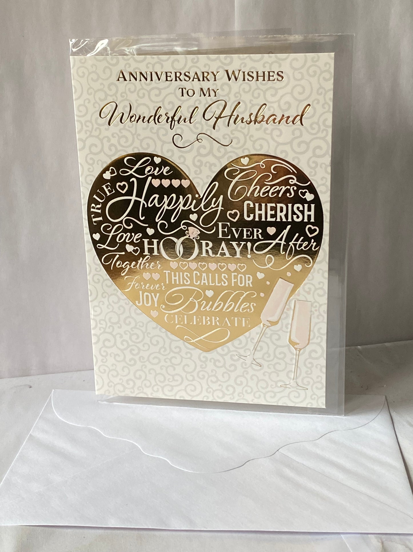 Anniversary Wishes To My Wonderful Husband Our Wedding Anniversary Card Gold Heart/Pink Flutes(PH48409B)