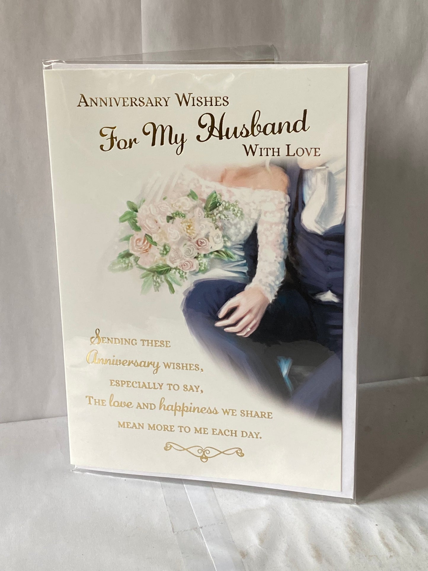 Anniversary Wishes For My Husband With Love Our Wedding Anniversary Card Bride+Groom/Pink+White Flowers/Gold Words Foil Detail(PH43650A)