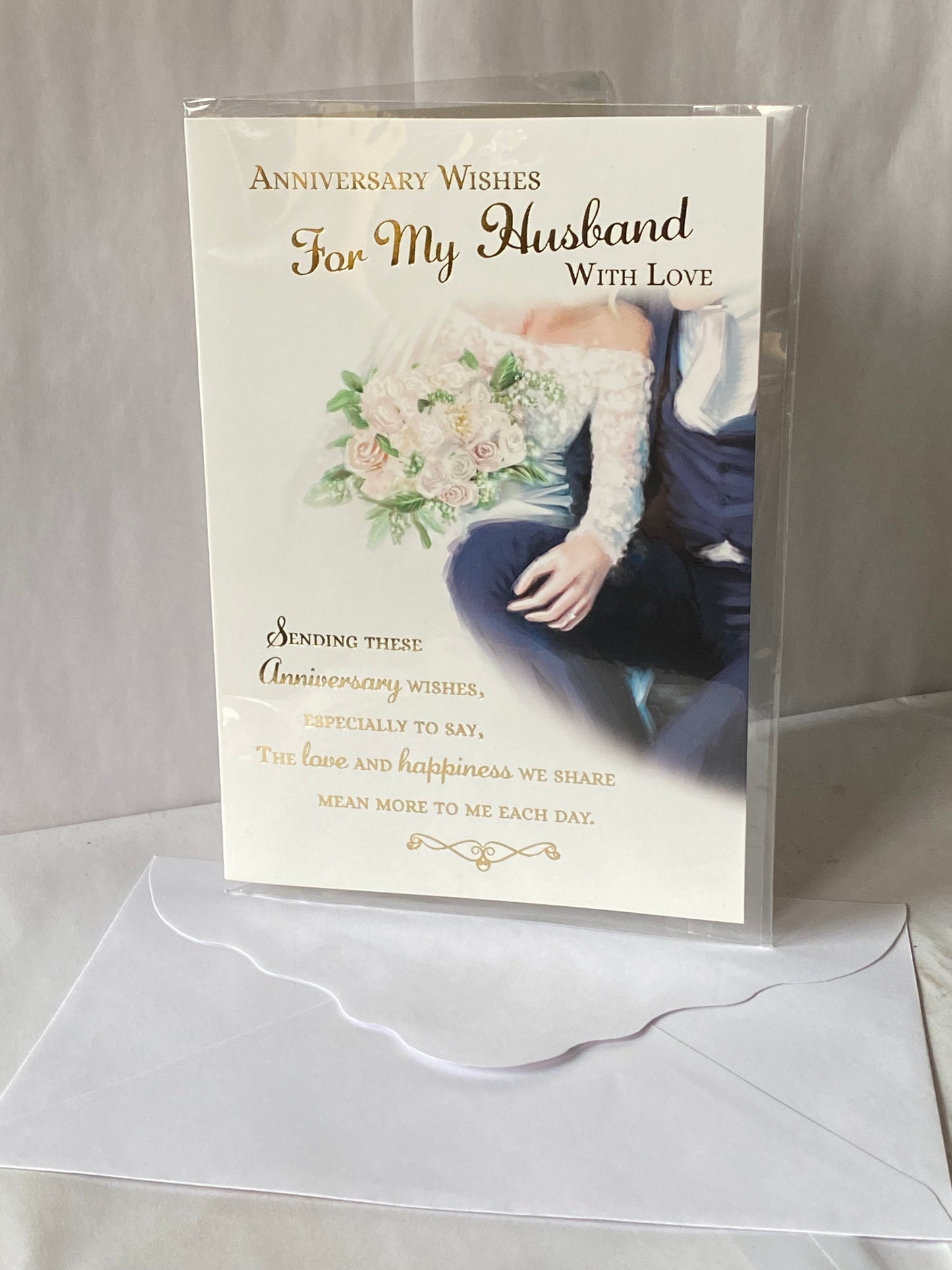 Anniversary Wishes For My Husband With Love Our Wedding Anniversary Card Bride+Groom/Pink+White Flowers/Gold Words Foil Detail(PH43650A)